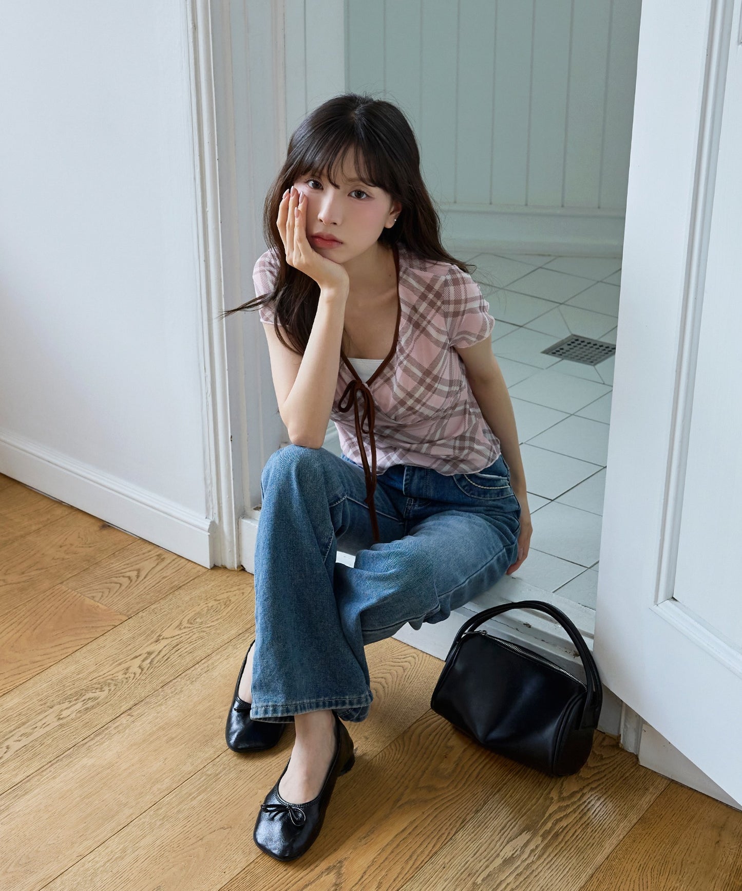 フロントリボンⅤネックチェック柄Tシャツカットソーブラウス