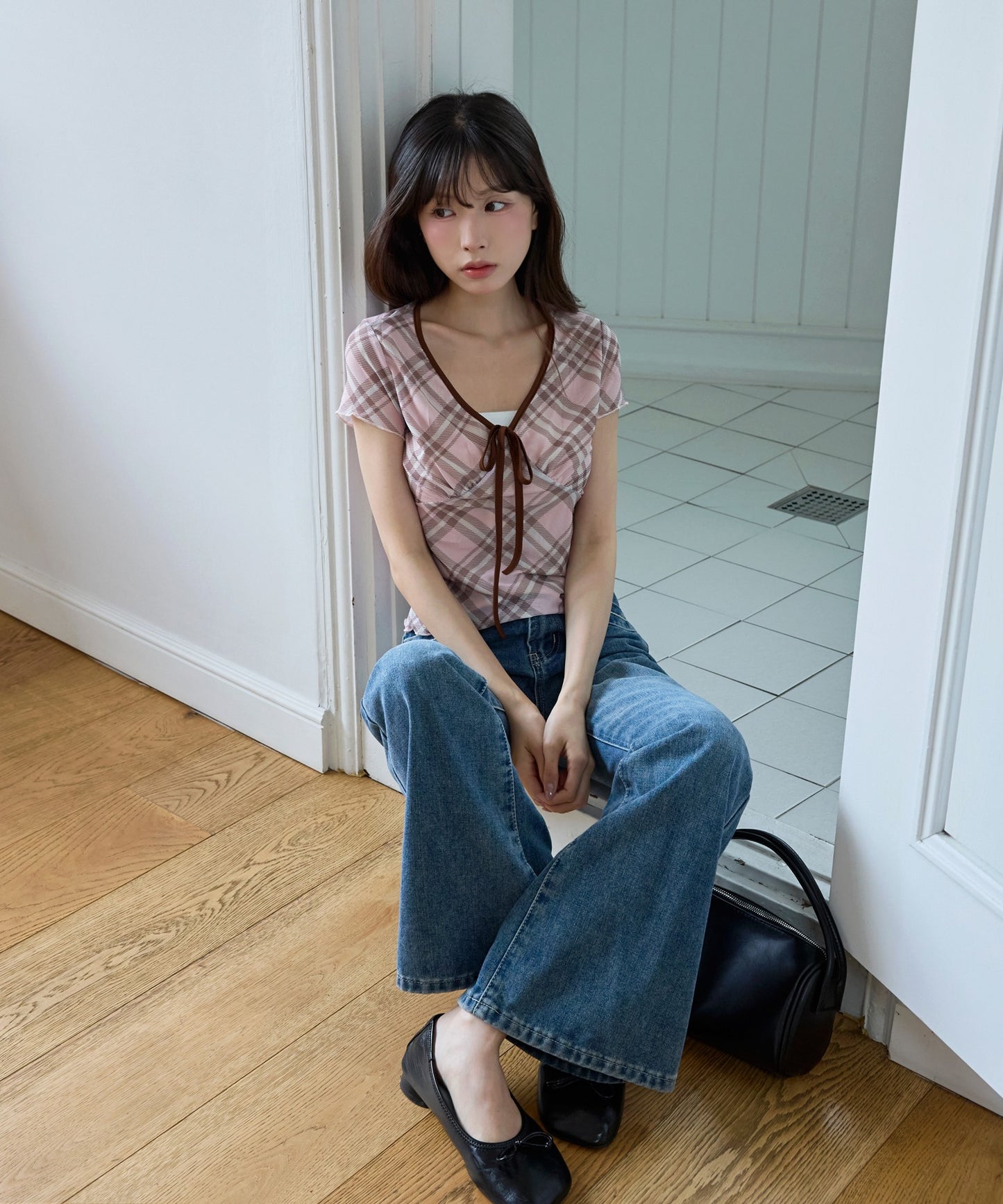 フロントリボンⅤネックチェック柄Tシャツカットソーブラウス