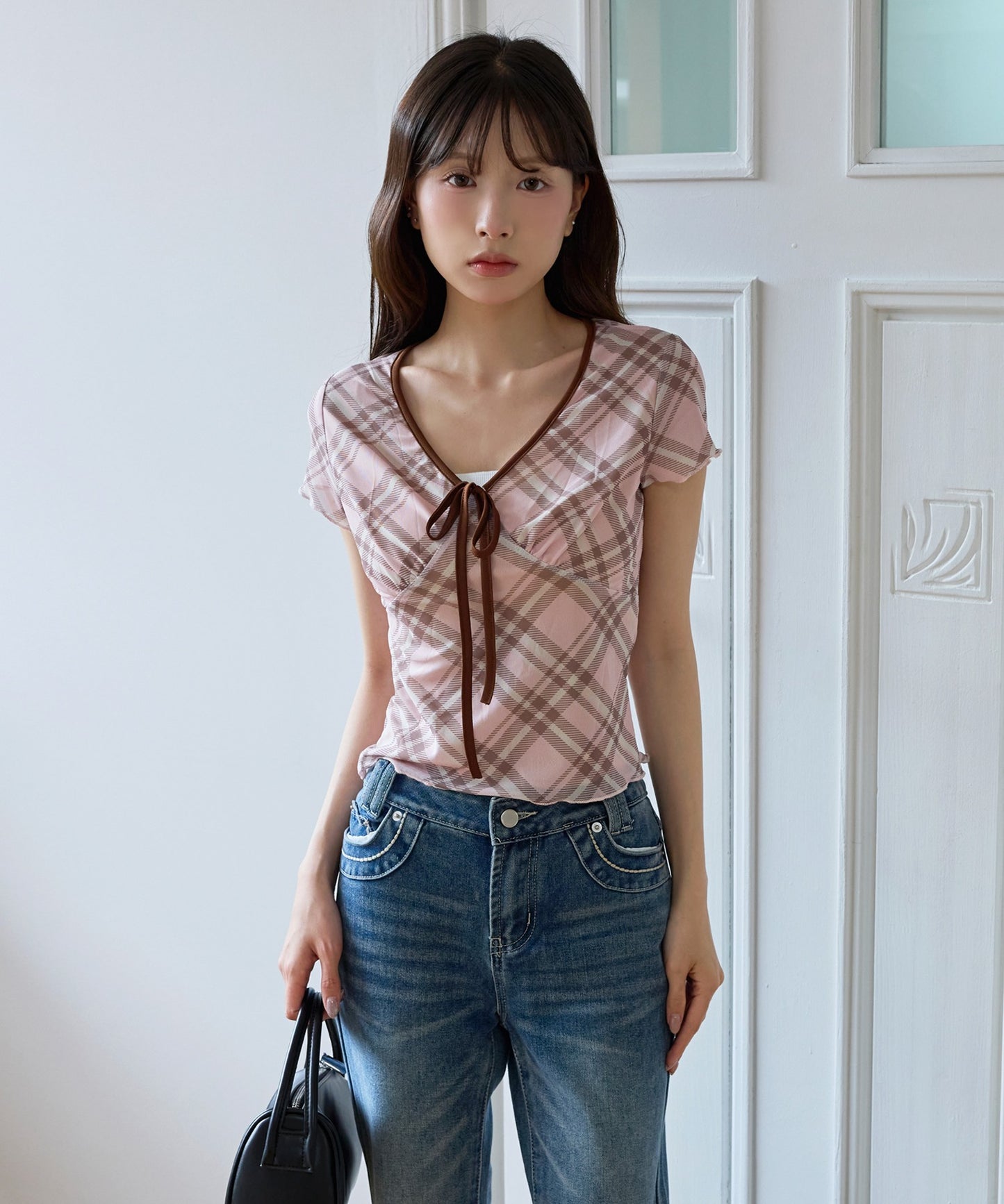 フロントリボンⅤネックチェック柄Tシャツカットソーブラウス