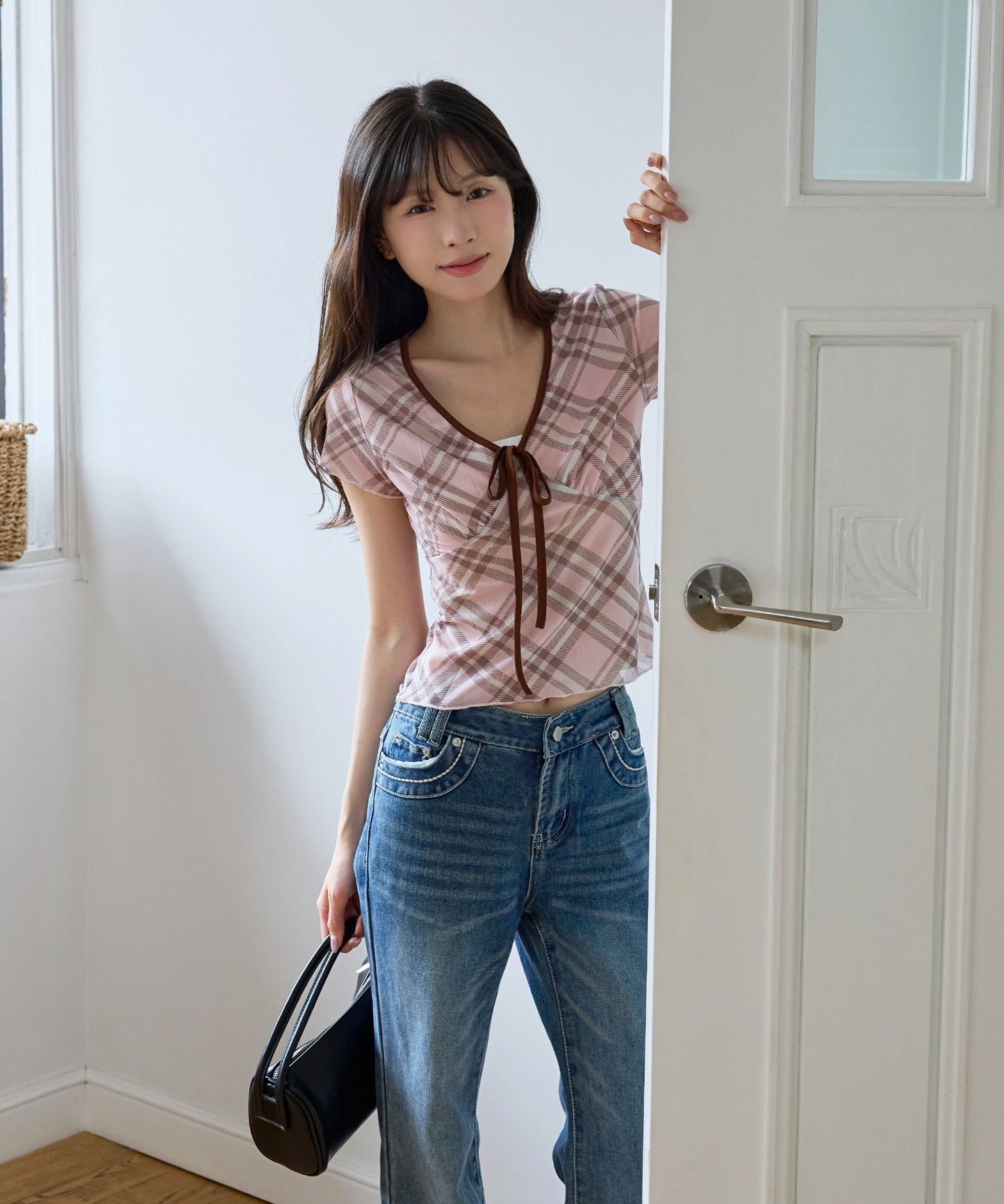 フロントリボンⅤネックチェック柄Tシャツカットソーブラウス