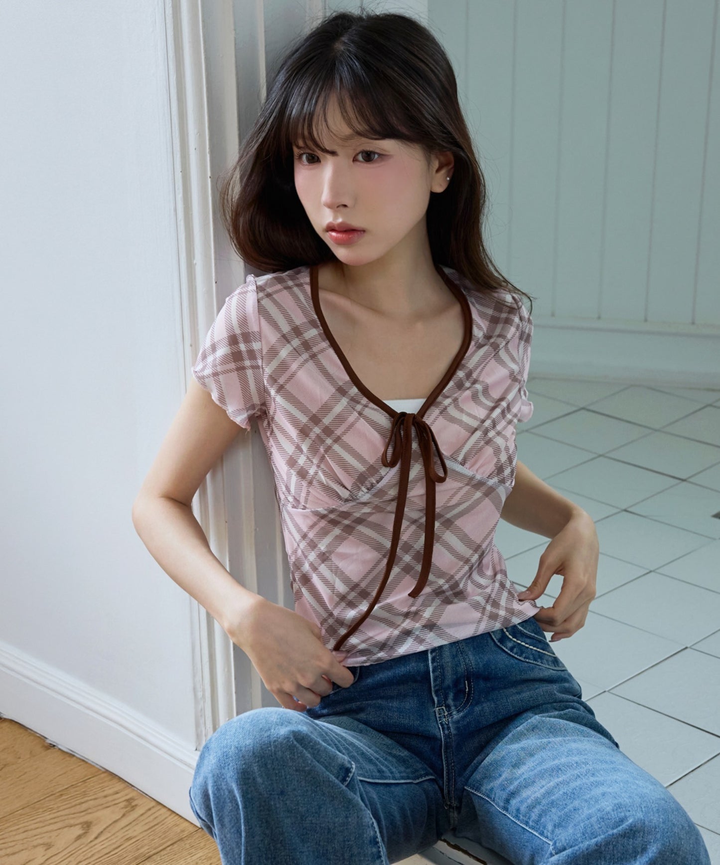 フロントリボンⅤネックチェック柄Tシャツカットソーブラウス