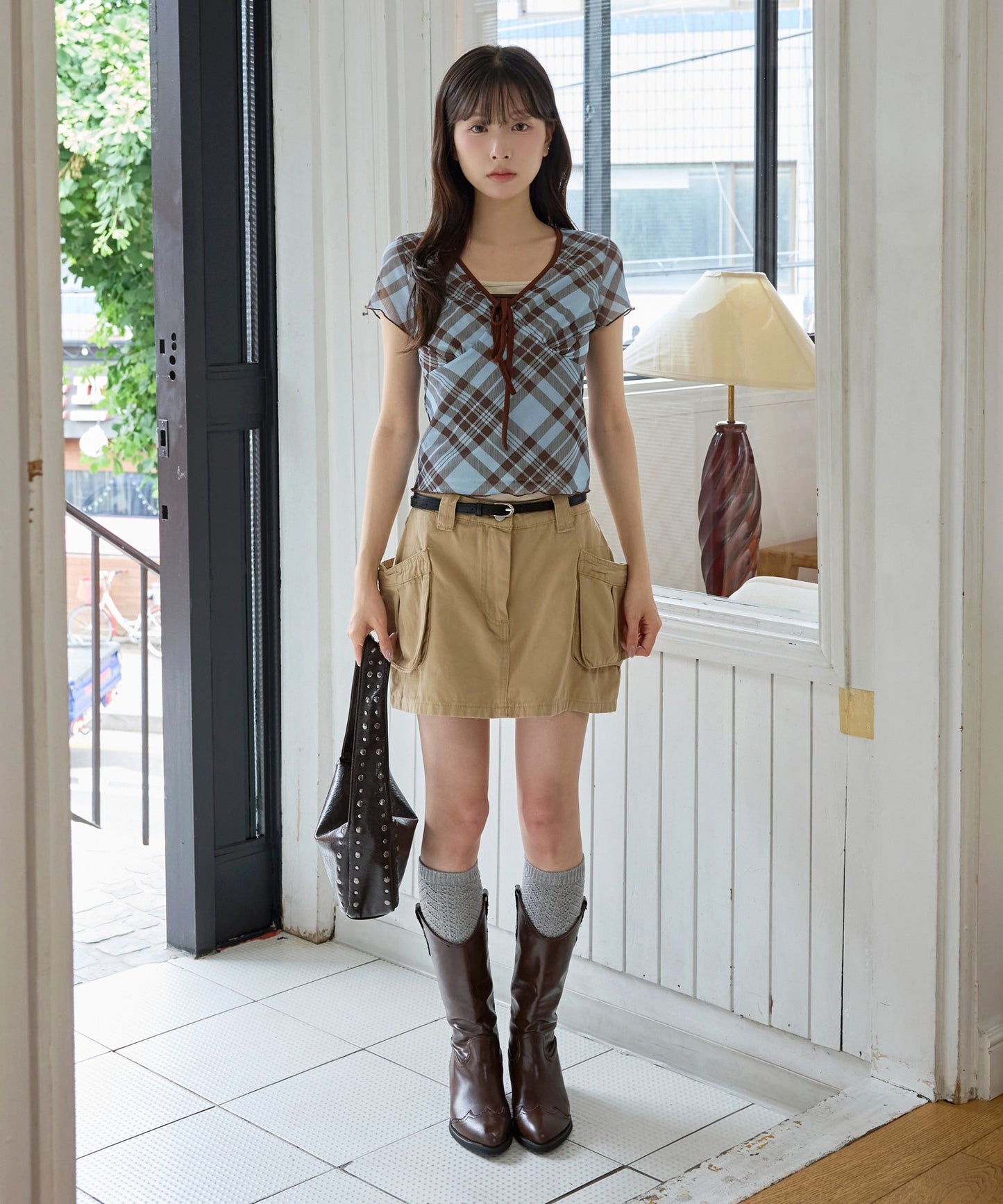 フロントリボンⅤネックチェック柄Tシャツカットソーブラウス