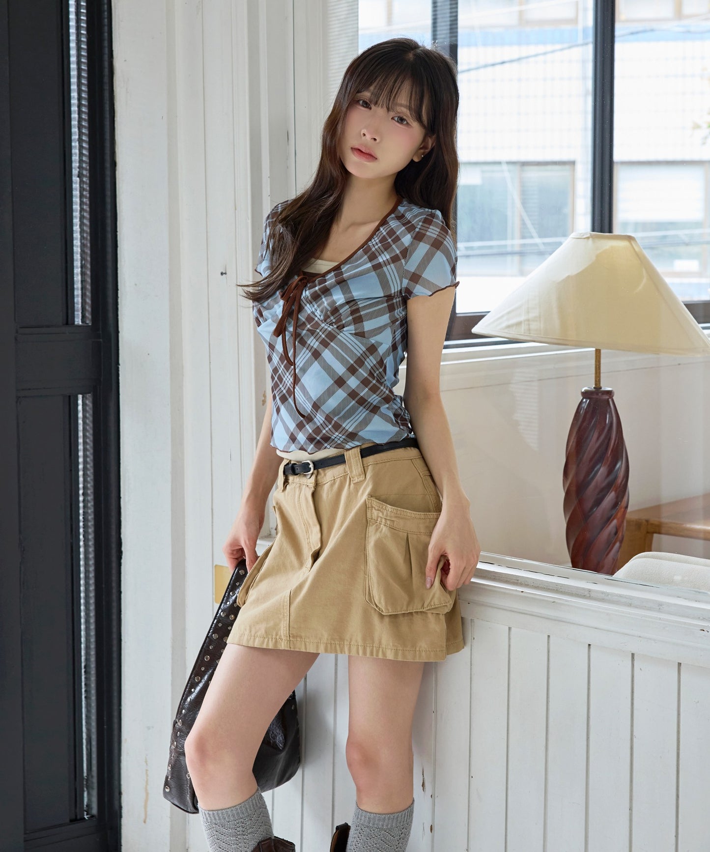 フロントリボンⅤネックチェック柄Tシャツカットソーブラウス