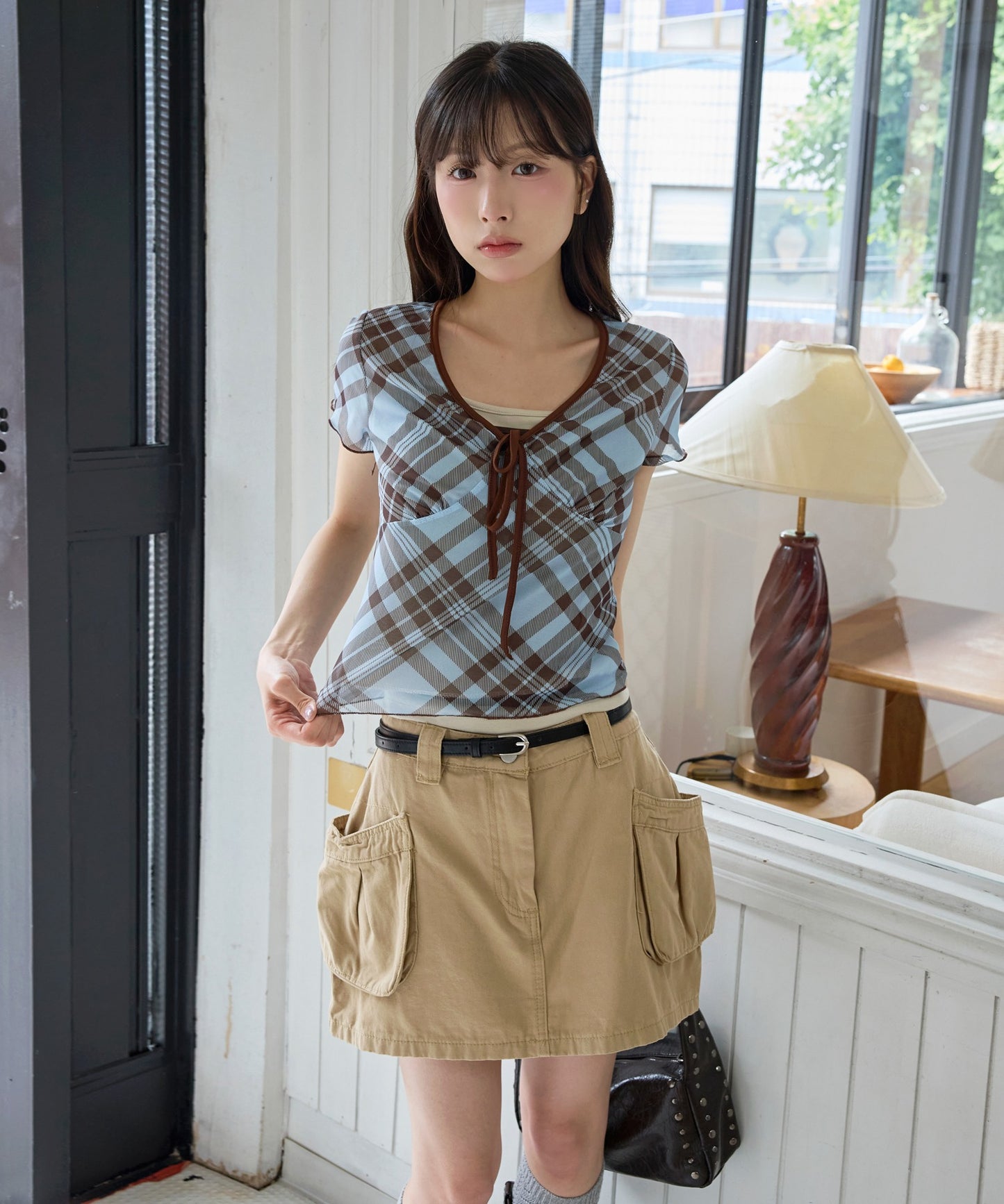 フロントリボンⅤネックチェック柄Tシャツカットソーブラウス