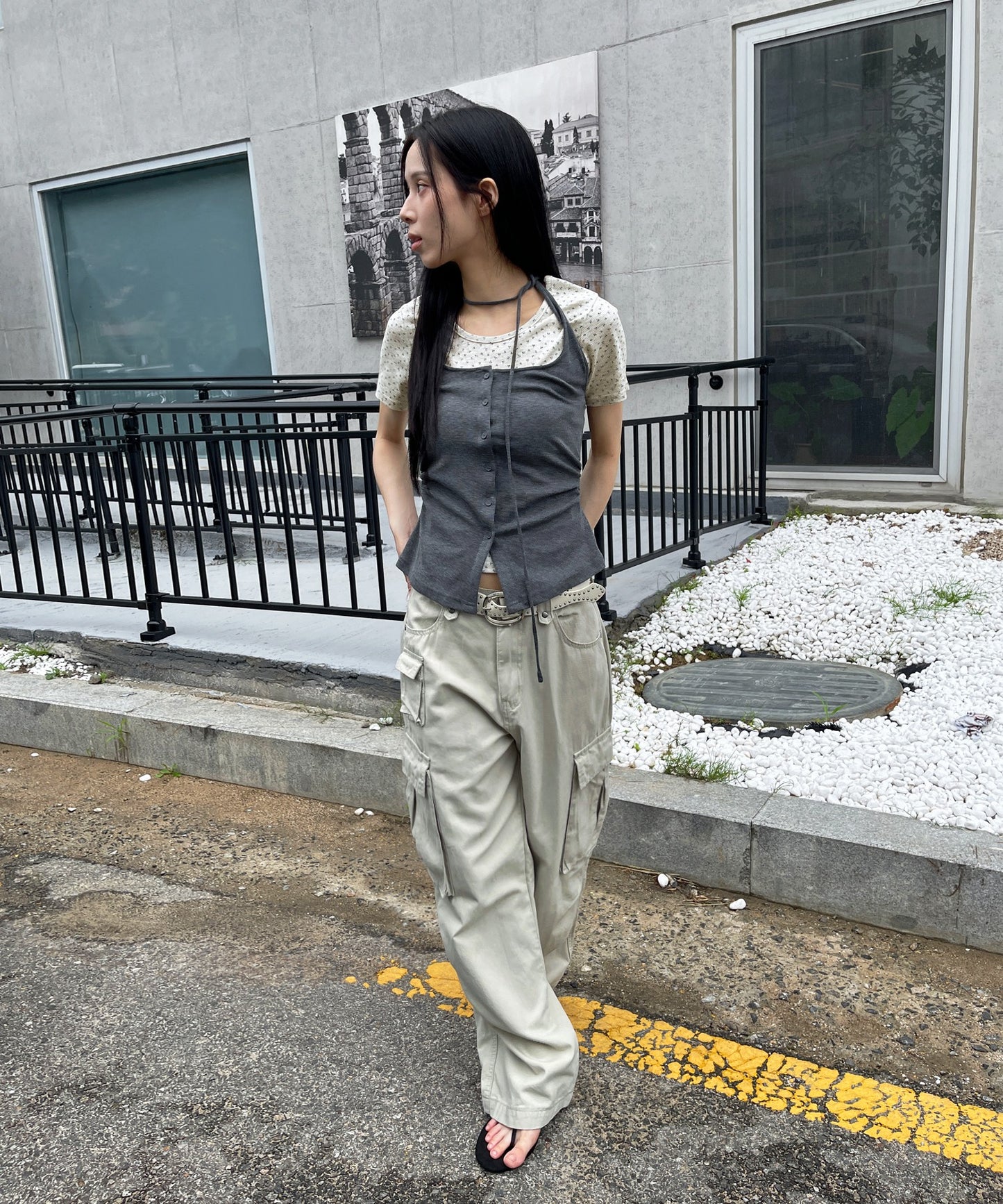 【2026SS新作アイテム】【レイヤード用におすすめ】デイリー花柄UネックアンバランスミドルTシャツカットソー