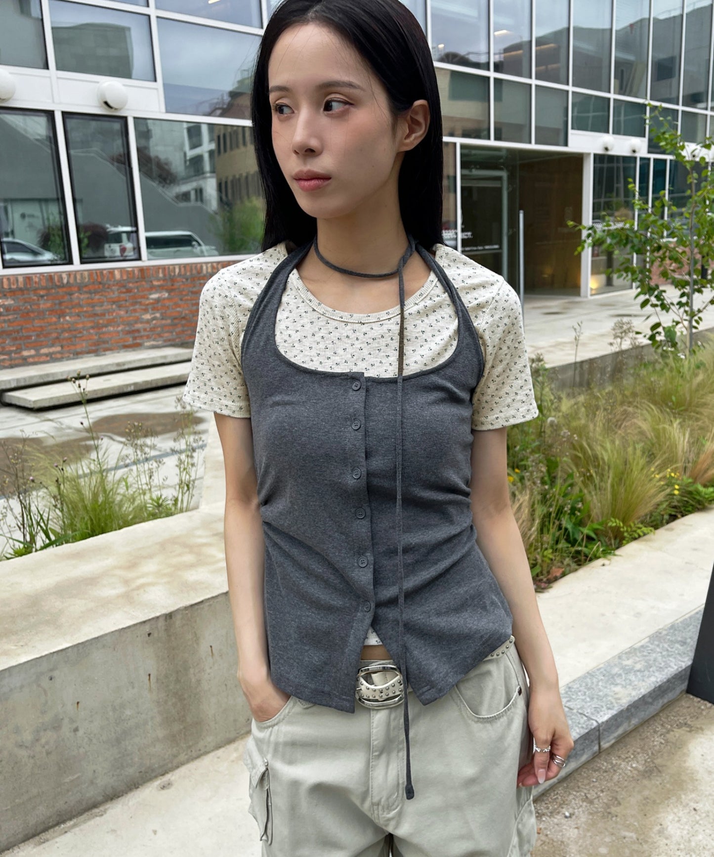 【2026SS新作アイテム】【レイヤード用におすすめ】デイリー花柄UネックアンバランスミドルTシャツカットソー