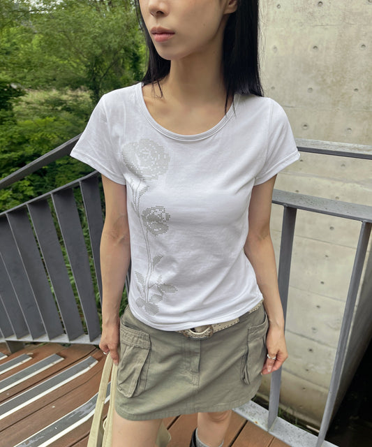 バイカラーステッチフラワーグラフィック半袖Tシャツカットソー