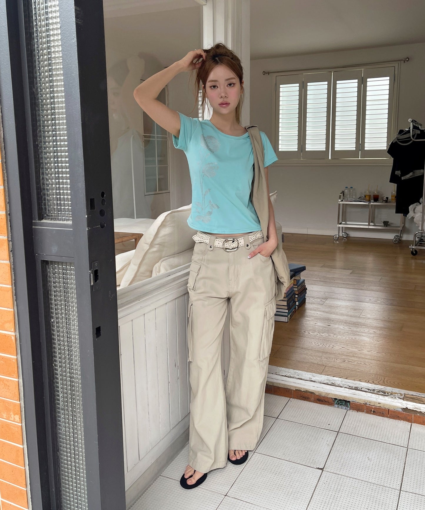 バイカラーステッチフラワーグラフィック半袖Tシャツカットソー