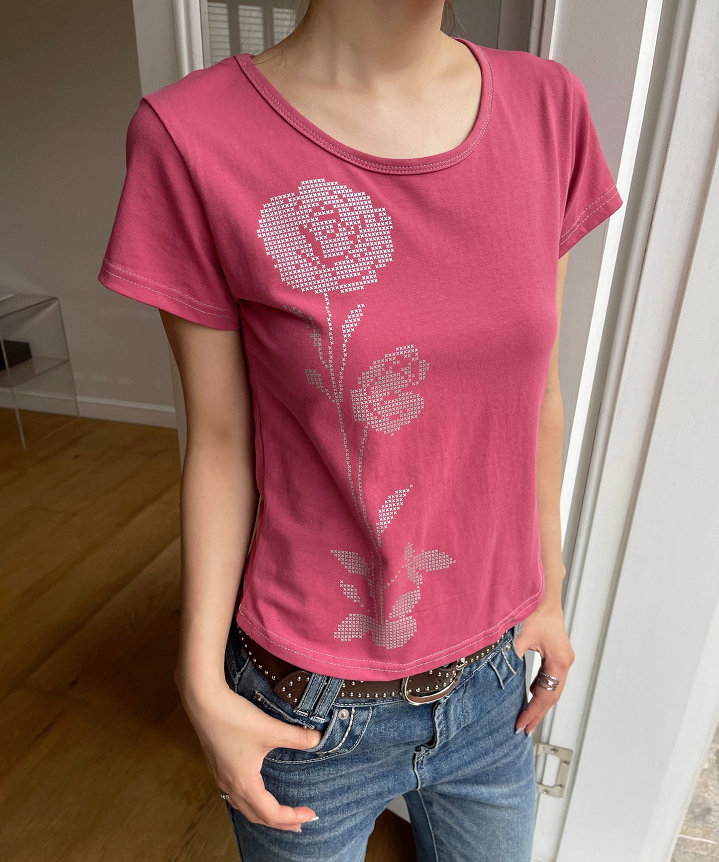 バイカラーステッチフラワーグラフィック半袖Tシャツカットソー