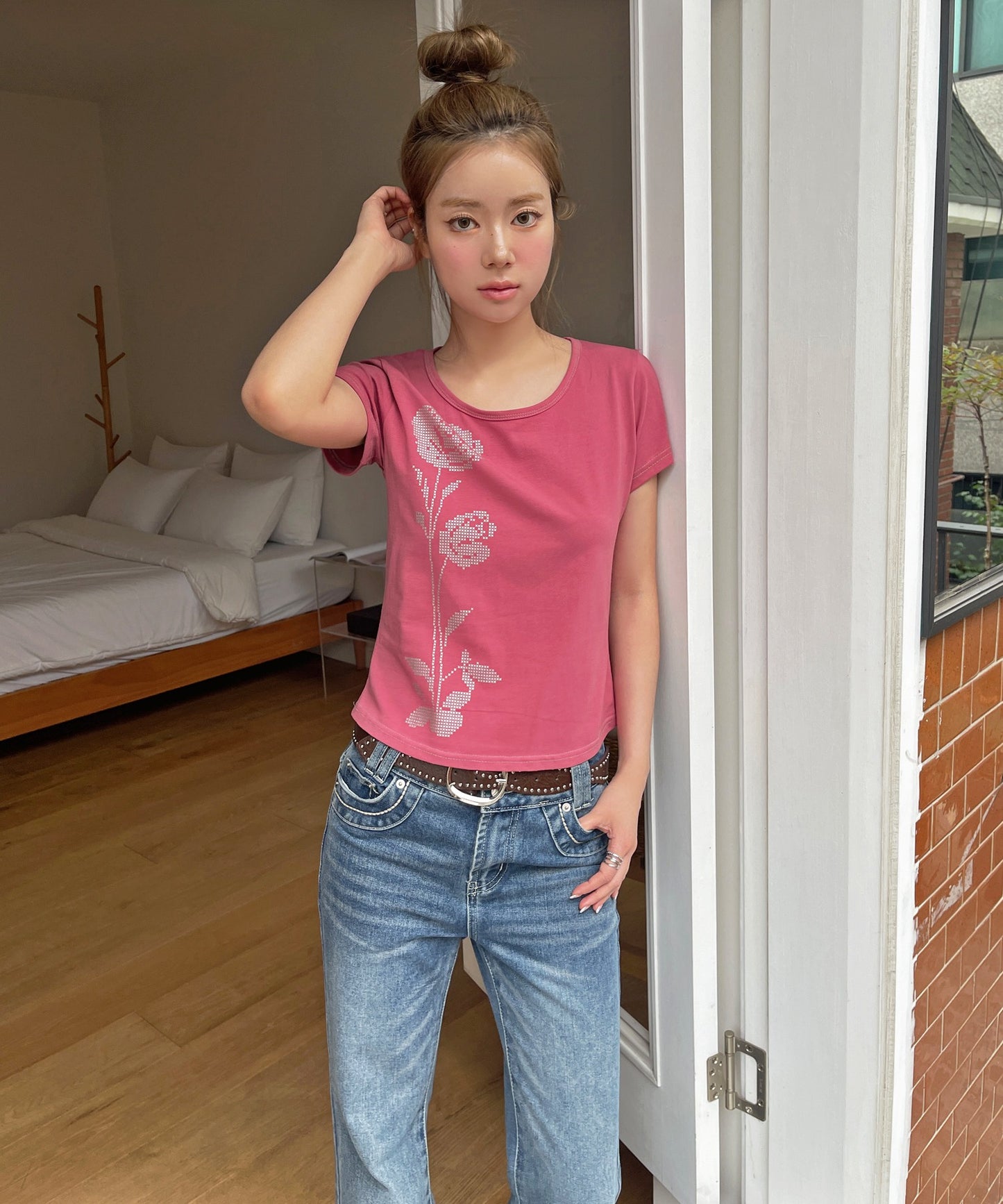 バイカラーステッチフラワーグラフィック半袖Tシャツカットソー