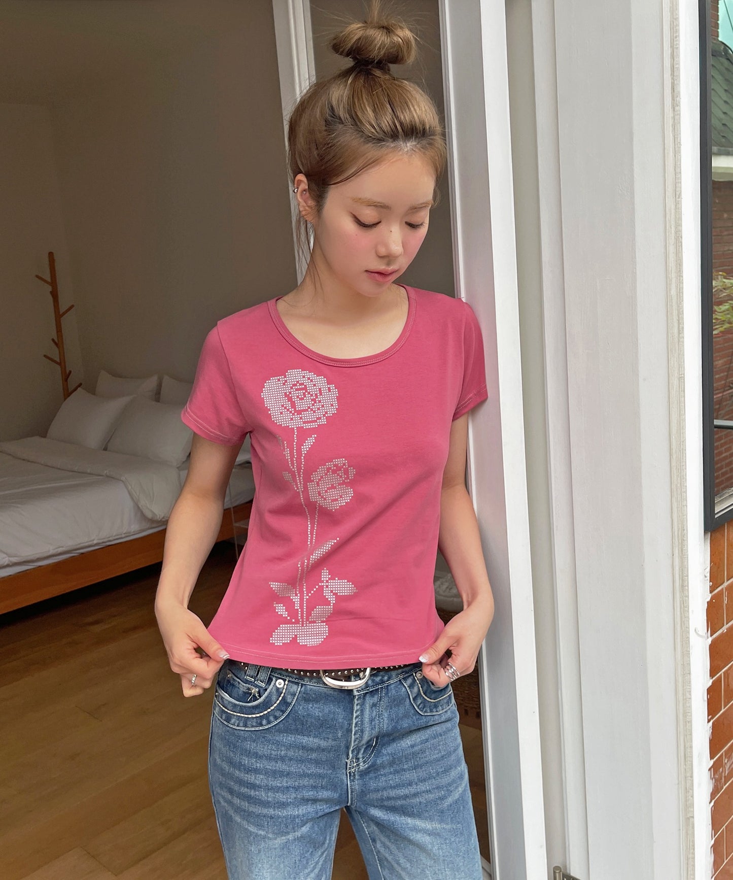 バイカラーステッチフラワーグラフィック半袖Tシャツカットソー