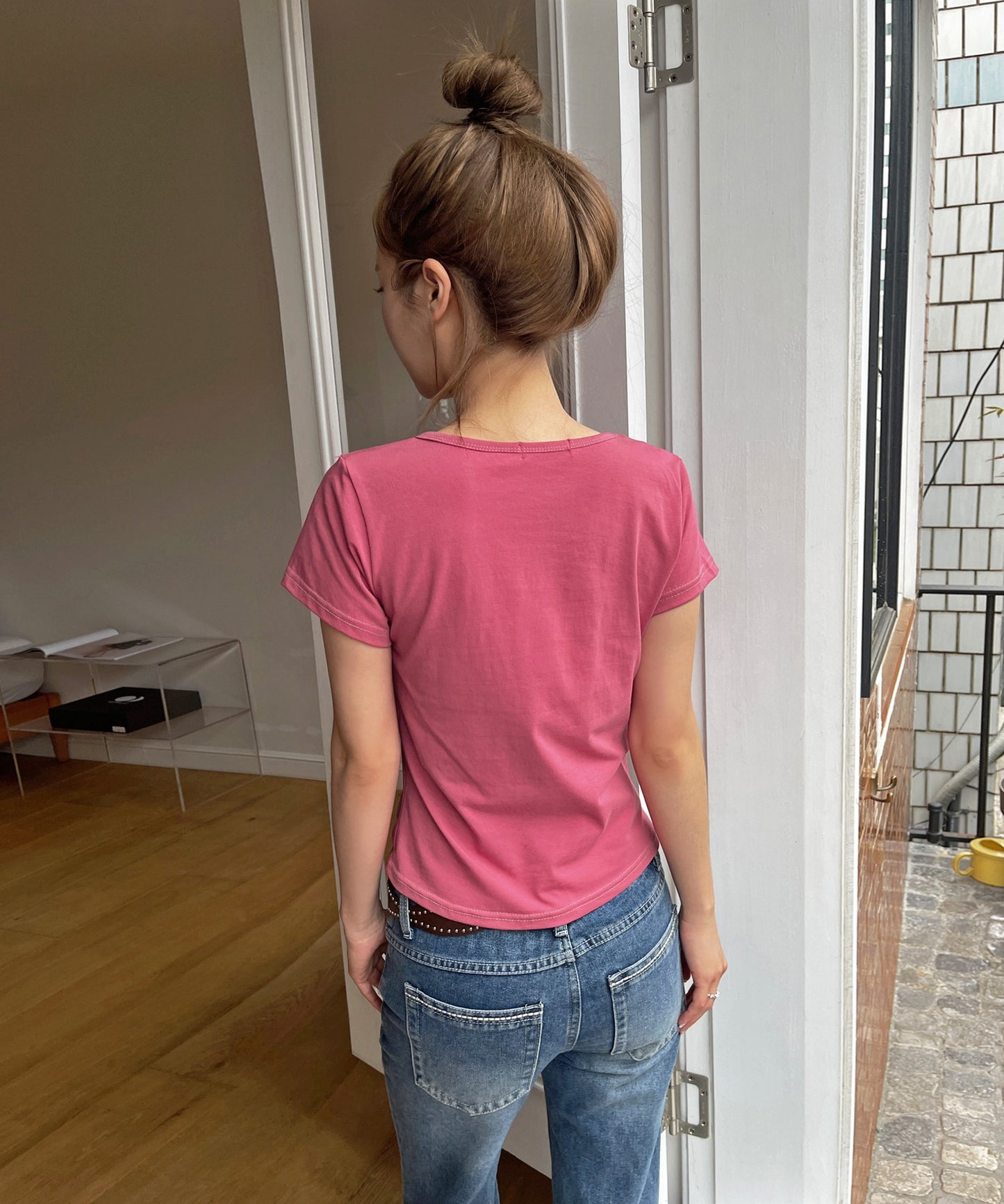 バイカラーステッチフラワーグラフィック半袖Tシャツカットソー