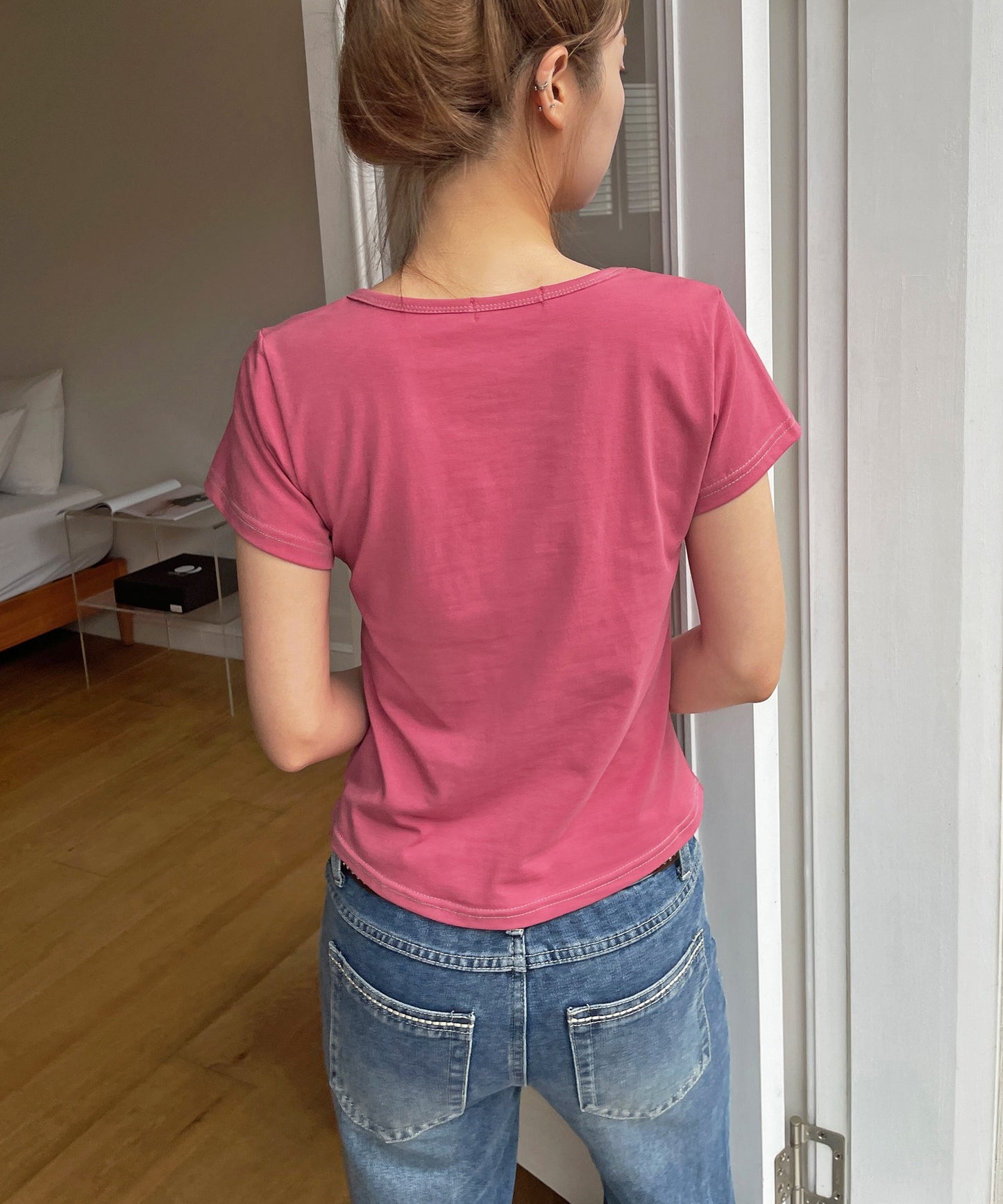バイカラーステッチフラワーグラフィック半袖Tシャツカットソー