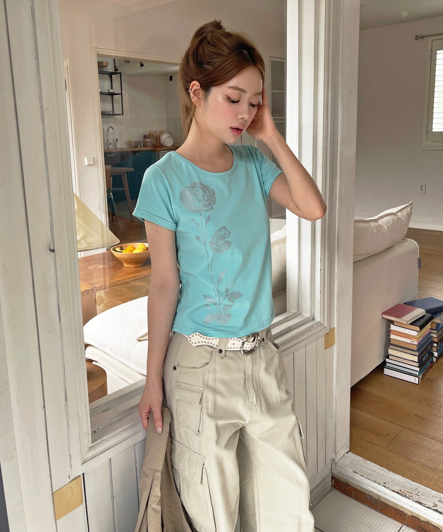 バイカラーステッチフラワーグラフィック半袖Tシャツカットソー