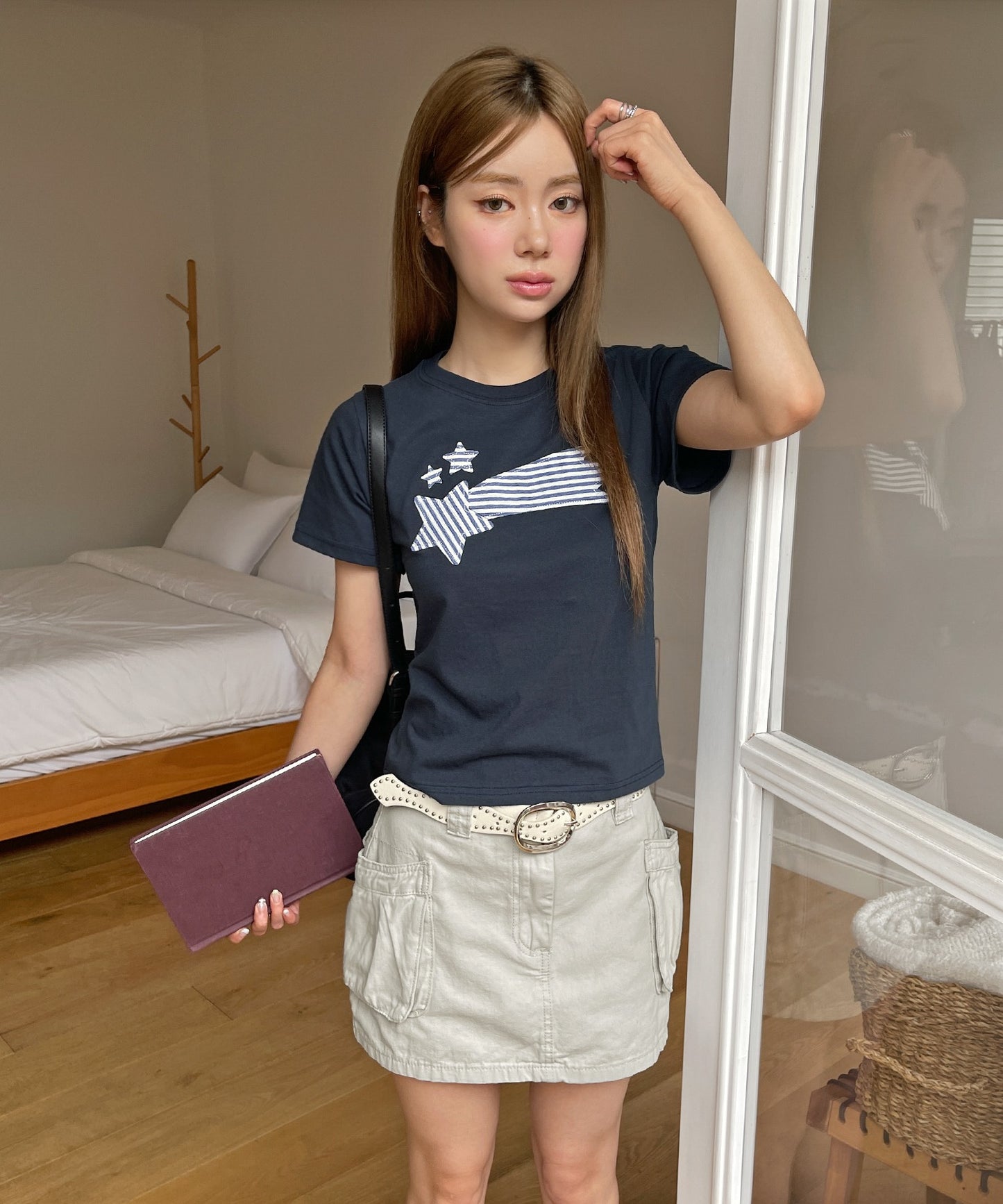ストライプスターワッペンラウンドネック半袖Tシャツカットソー