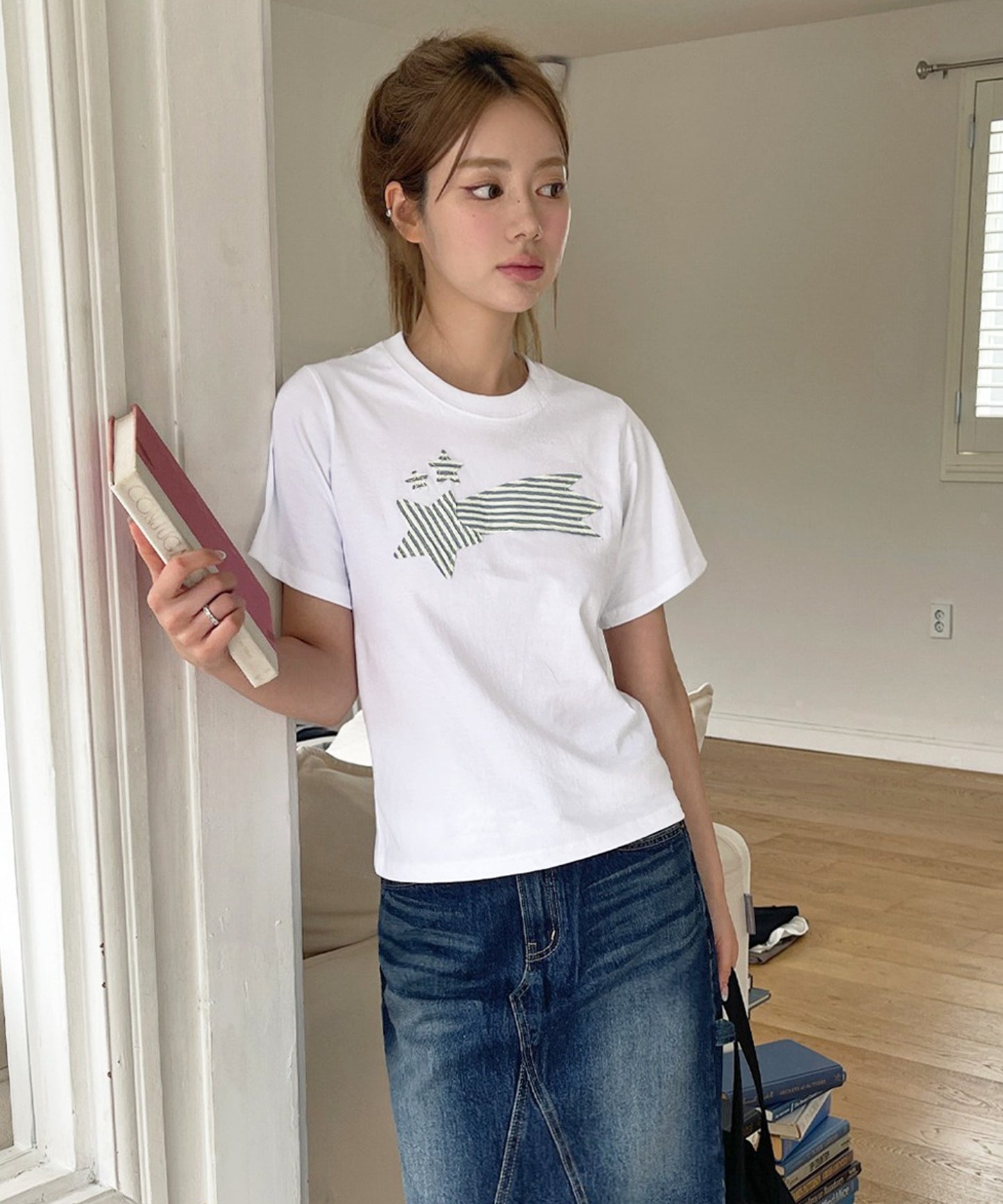ストライプスターワッペンラウンドネック半袖Tシャツカットソー