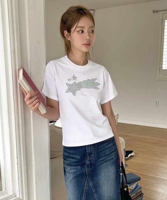 ストライプスターワッペンラウンドネック半袖Tシャツカットソー