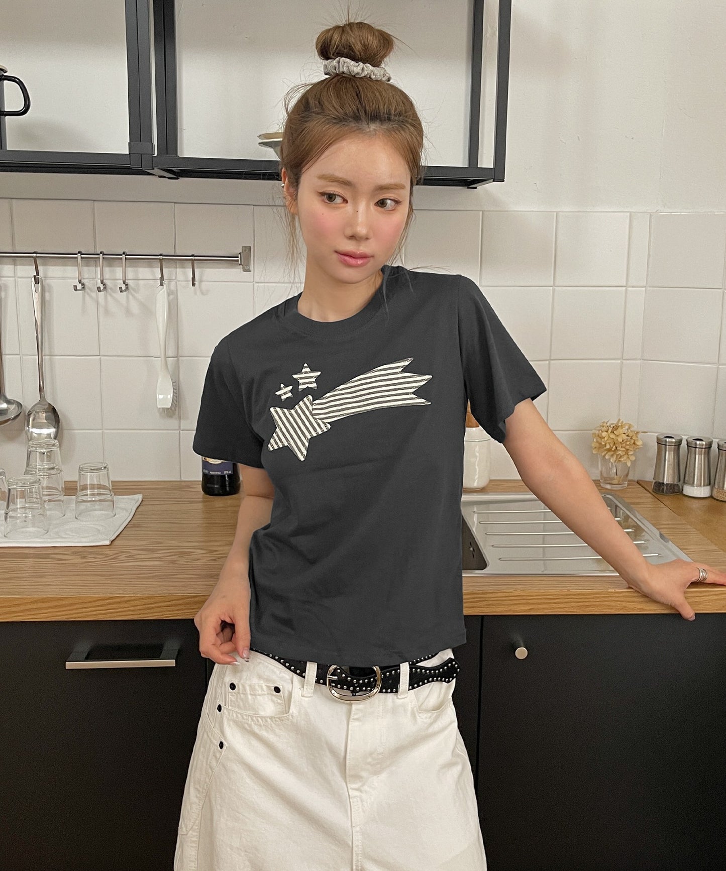 ストライプスターワッペンラウンドネック半袖Tシャツカットソー