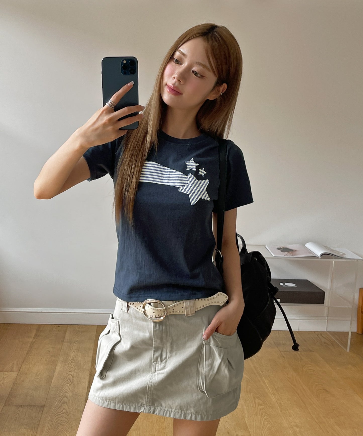 ストライプスターワッペンラウンドネック半袖Tシャツカットソー