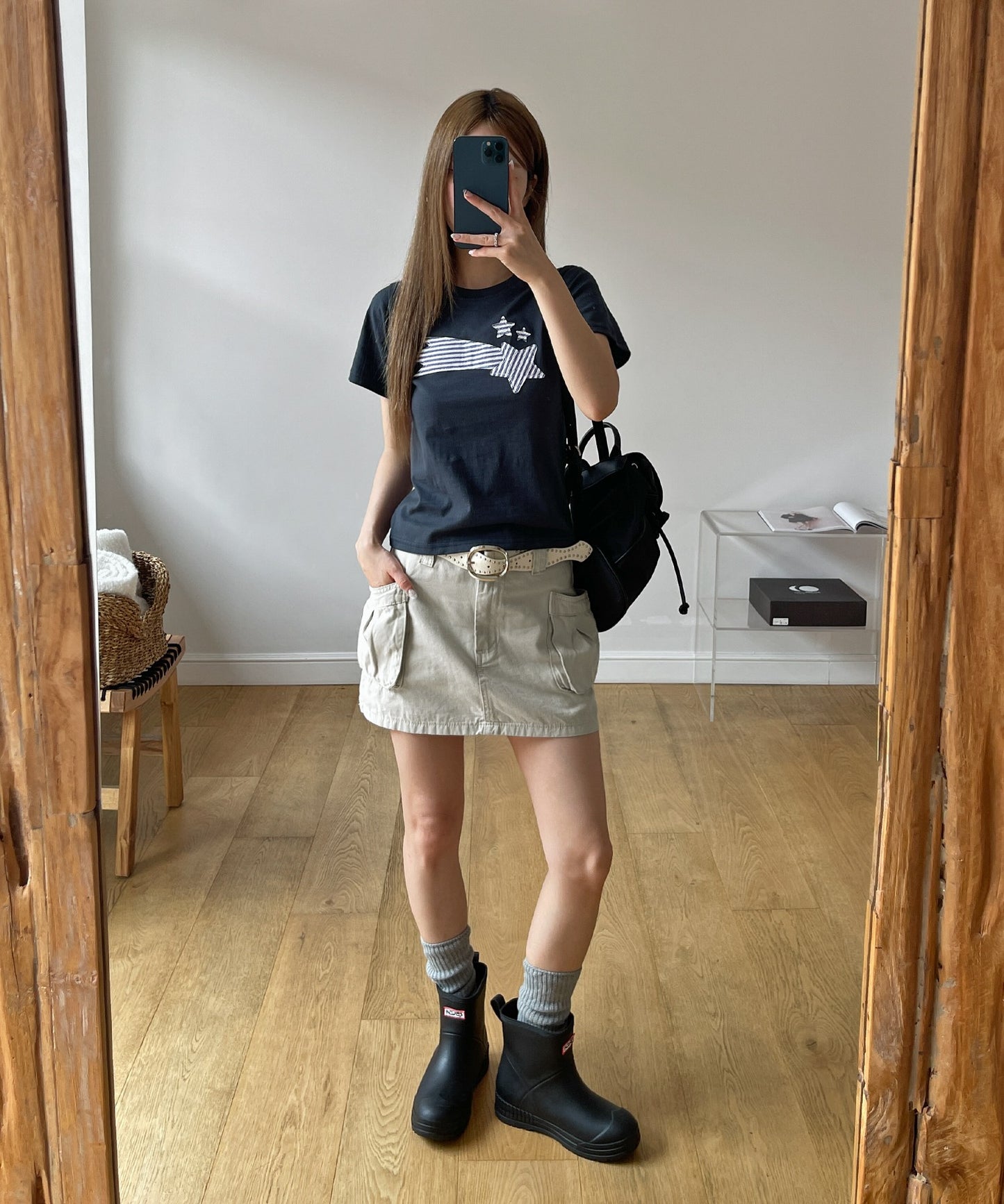 ストライプスターワッペンラウンドネック半袖Tシャツカットソー