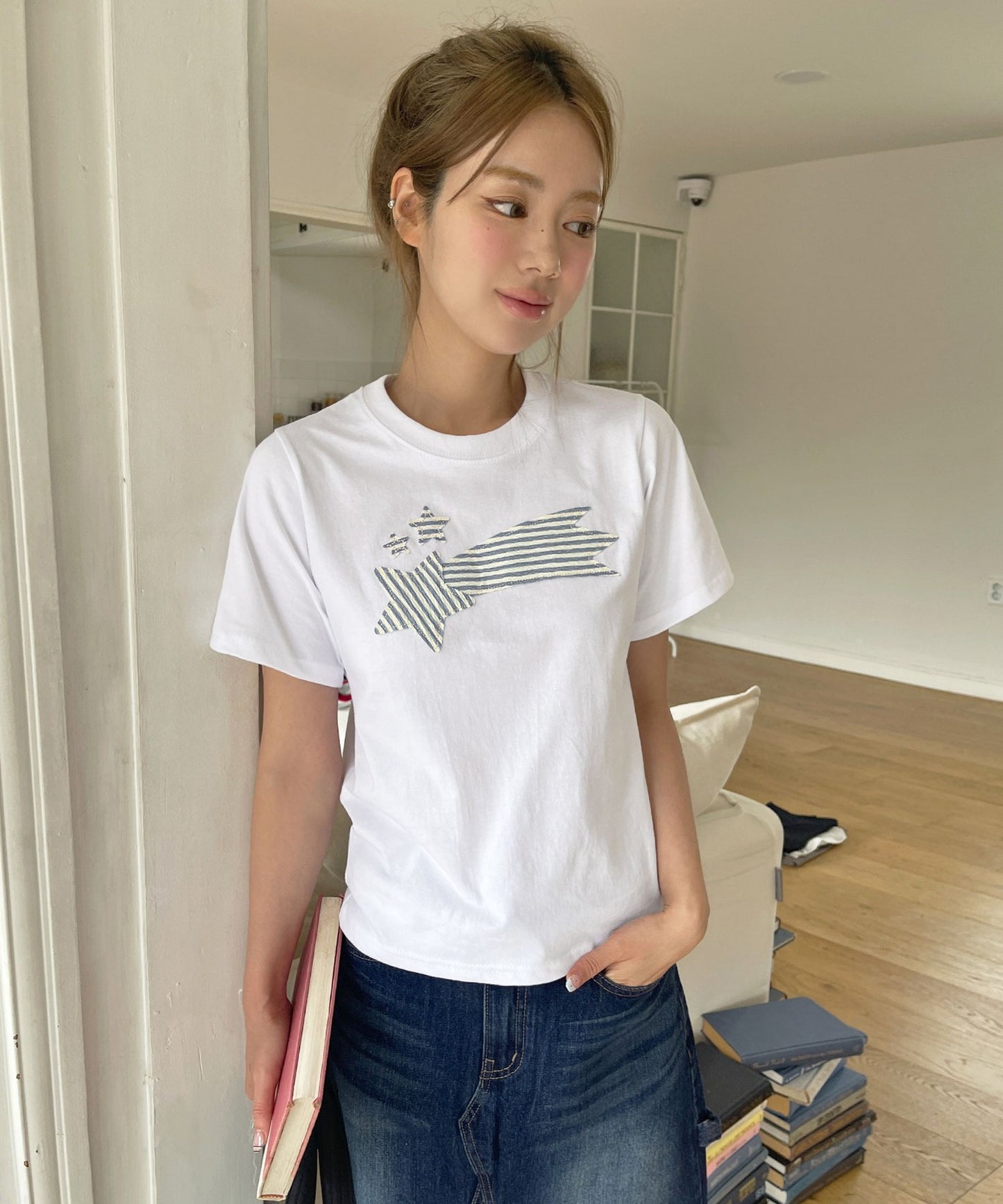 ストライプスターワッペンラウンドネック半袖Tシャツカットソー