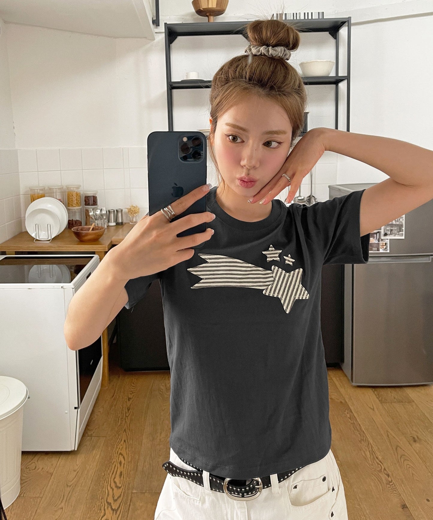 ストライプスターワッペンラウンドネック半袖Tシャツカットソー