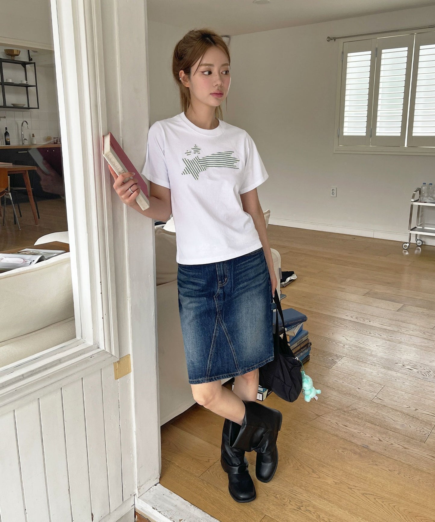 ストライプスターワッペンラウンドネック半袖Tシャツカットソー