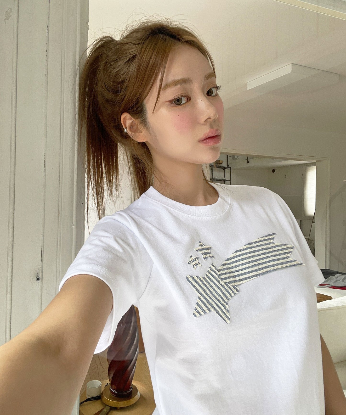 ストライプスターワッペンラウンドネック半袖Tシャツカットソー