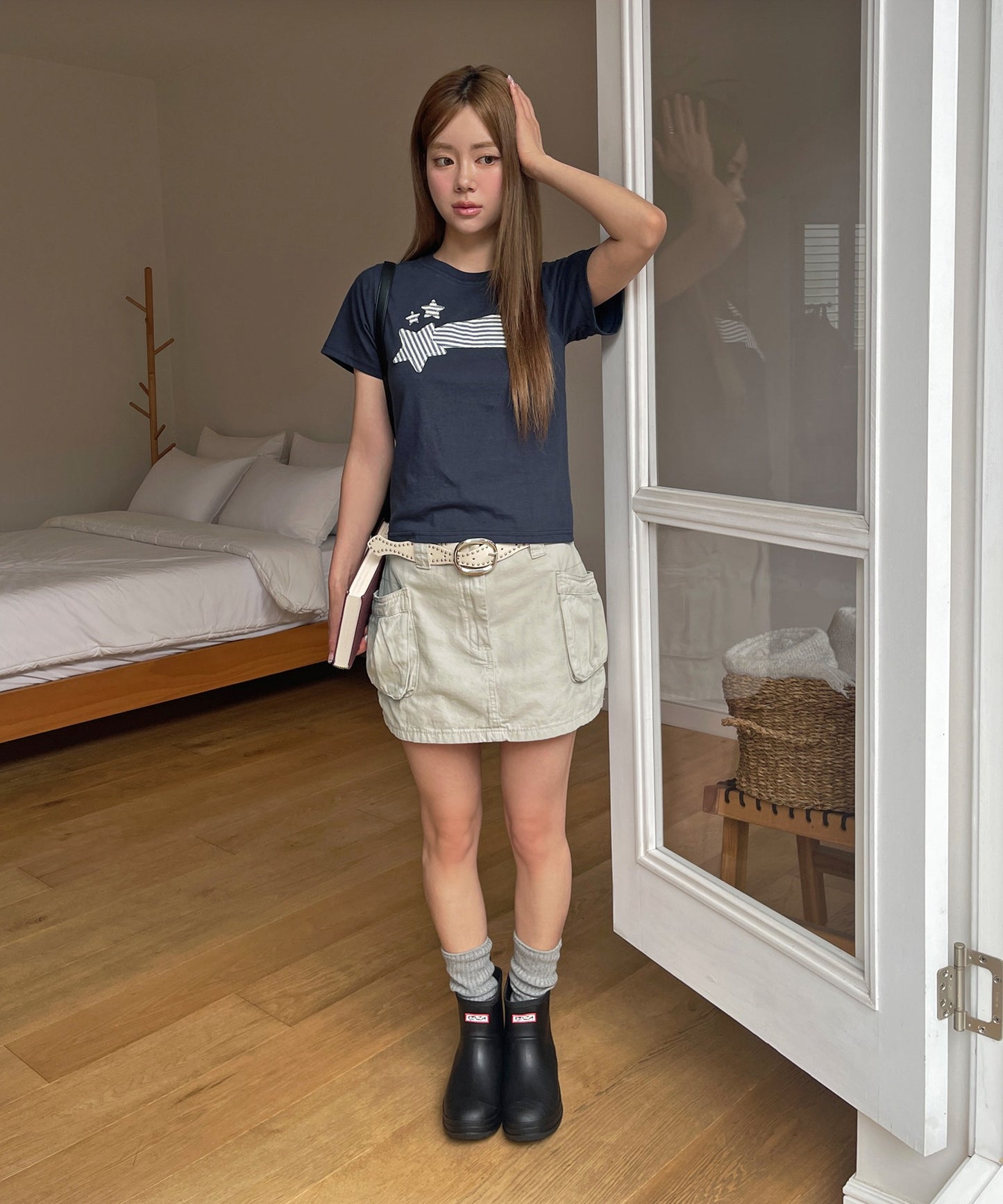 ストライプスターワッペンラウンドネック半袖Tシャツカットソー