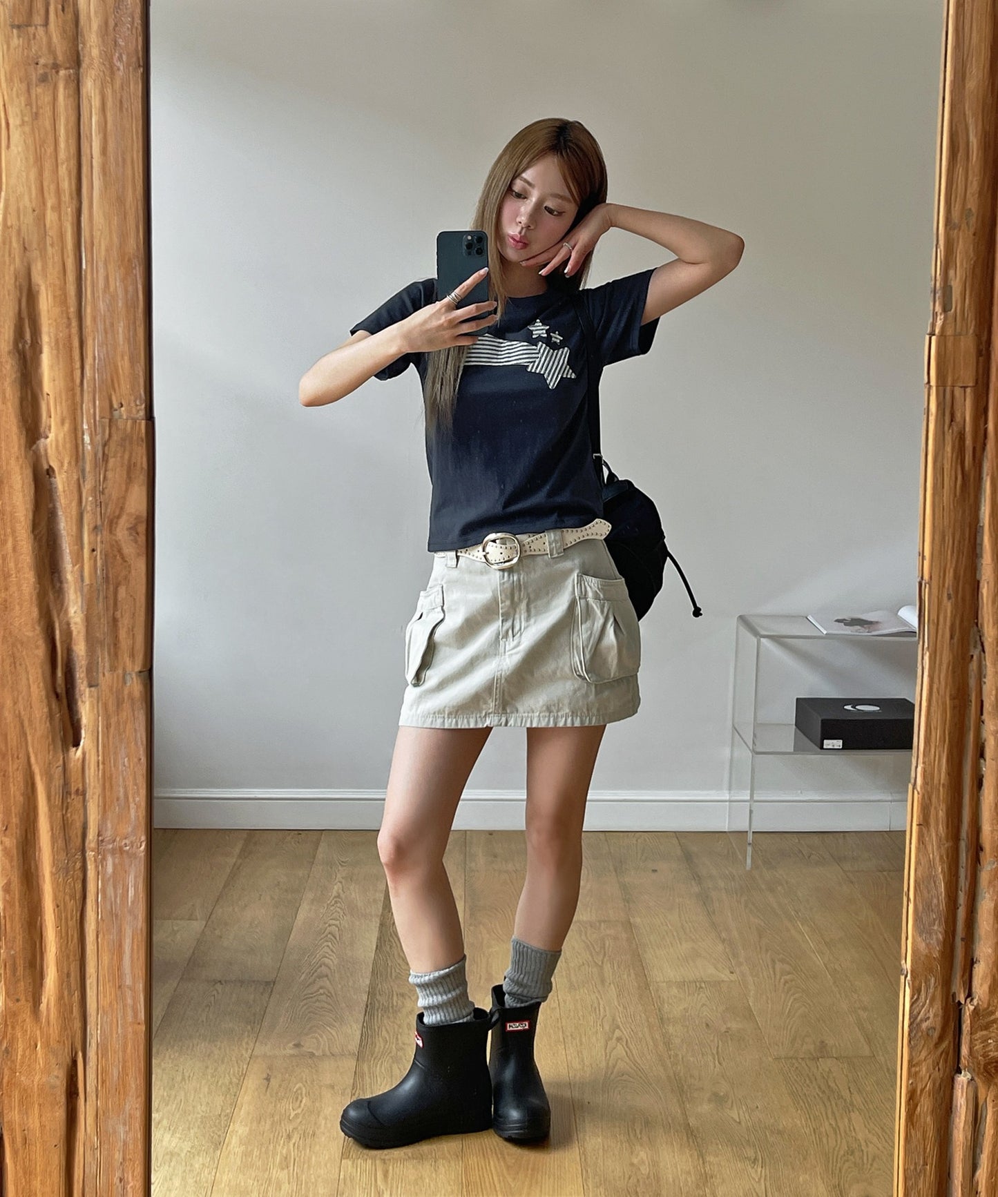 ストライプスターワッペンラウンドネック半袖Tシャツカットソー