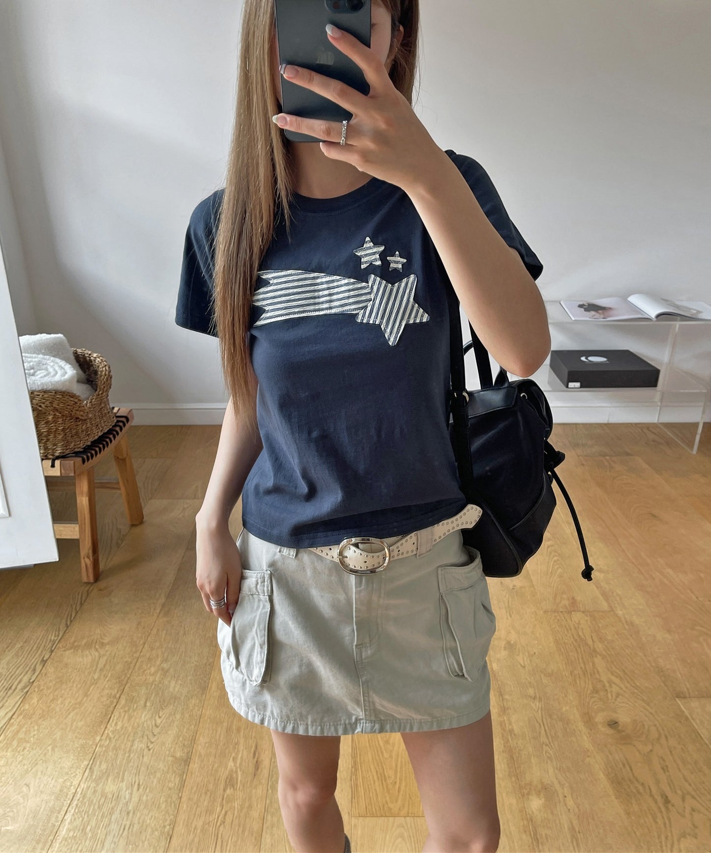 ストライプスターワッペンラウンドネック半袖Tシャツカットソー