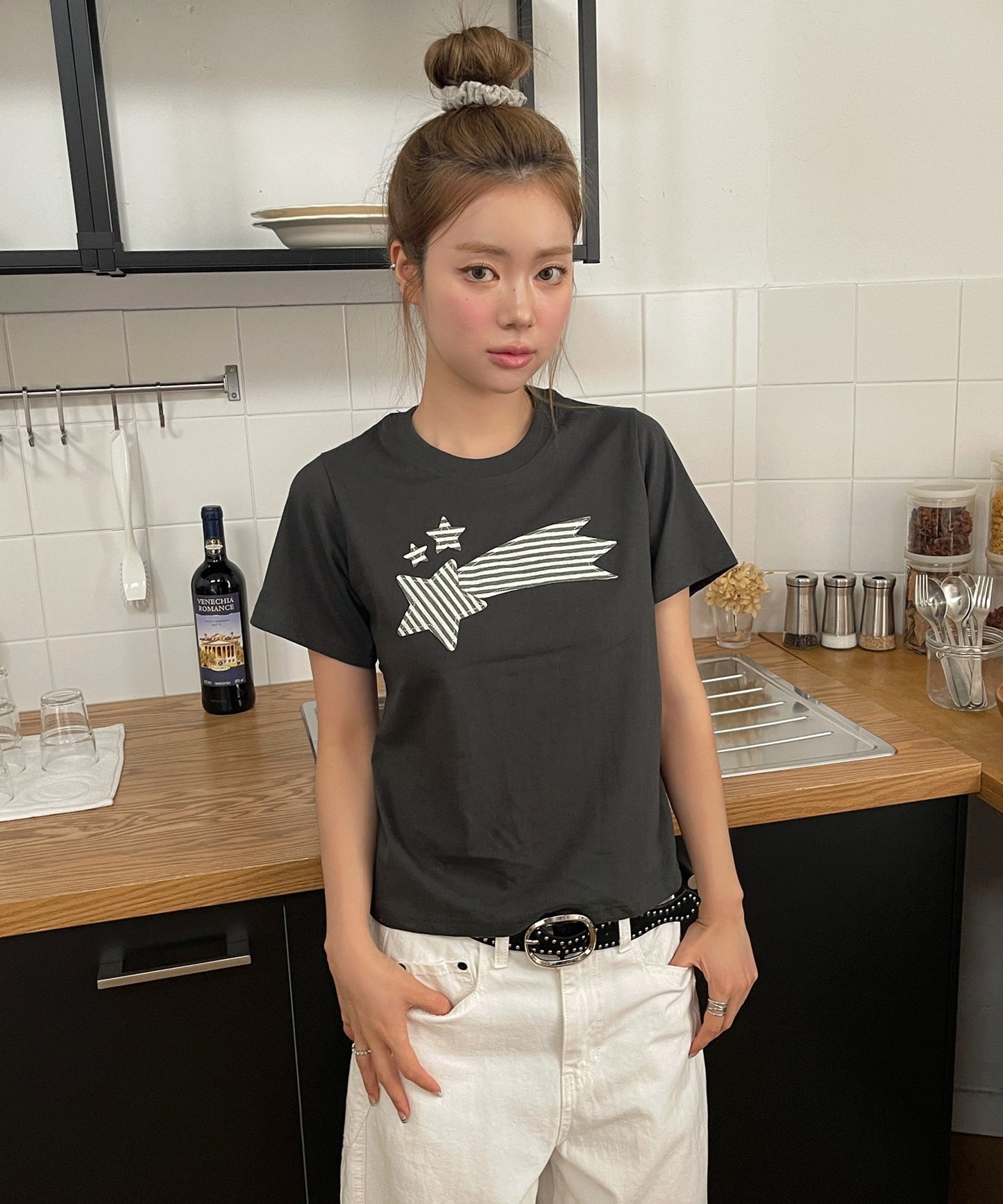 ストライプスターワッペンラウンドネック半袖Tシャツカットソー