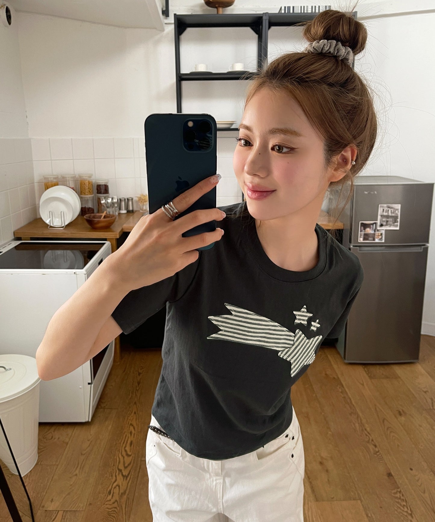 ストライプスターワッペンラウンドネック半袖Tシャツカットソー