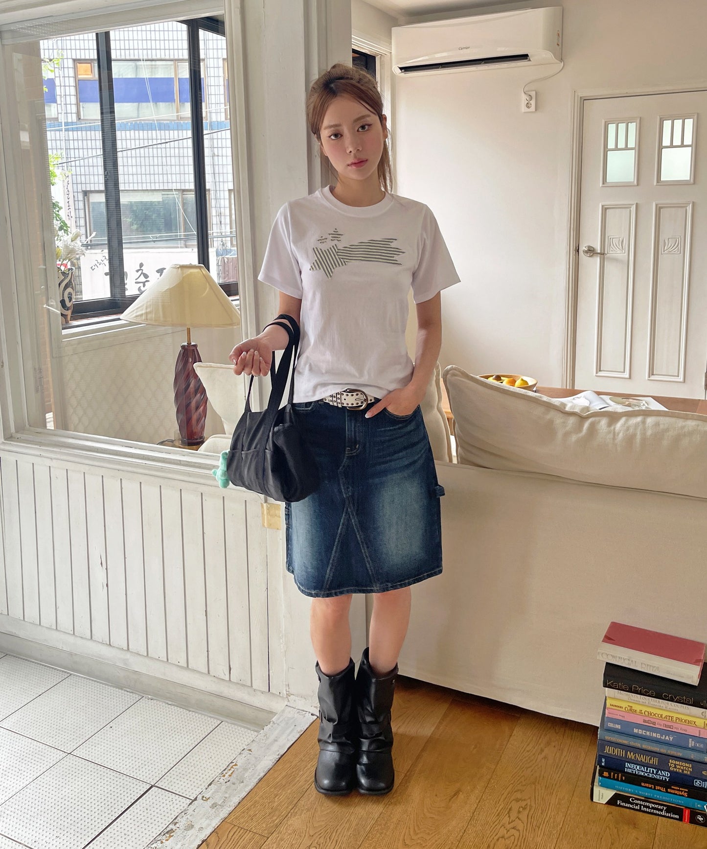 ストライプスターワッペンラウンドネック半袖Tシャツカットソー