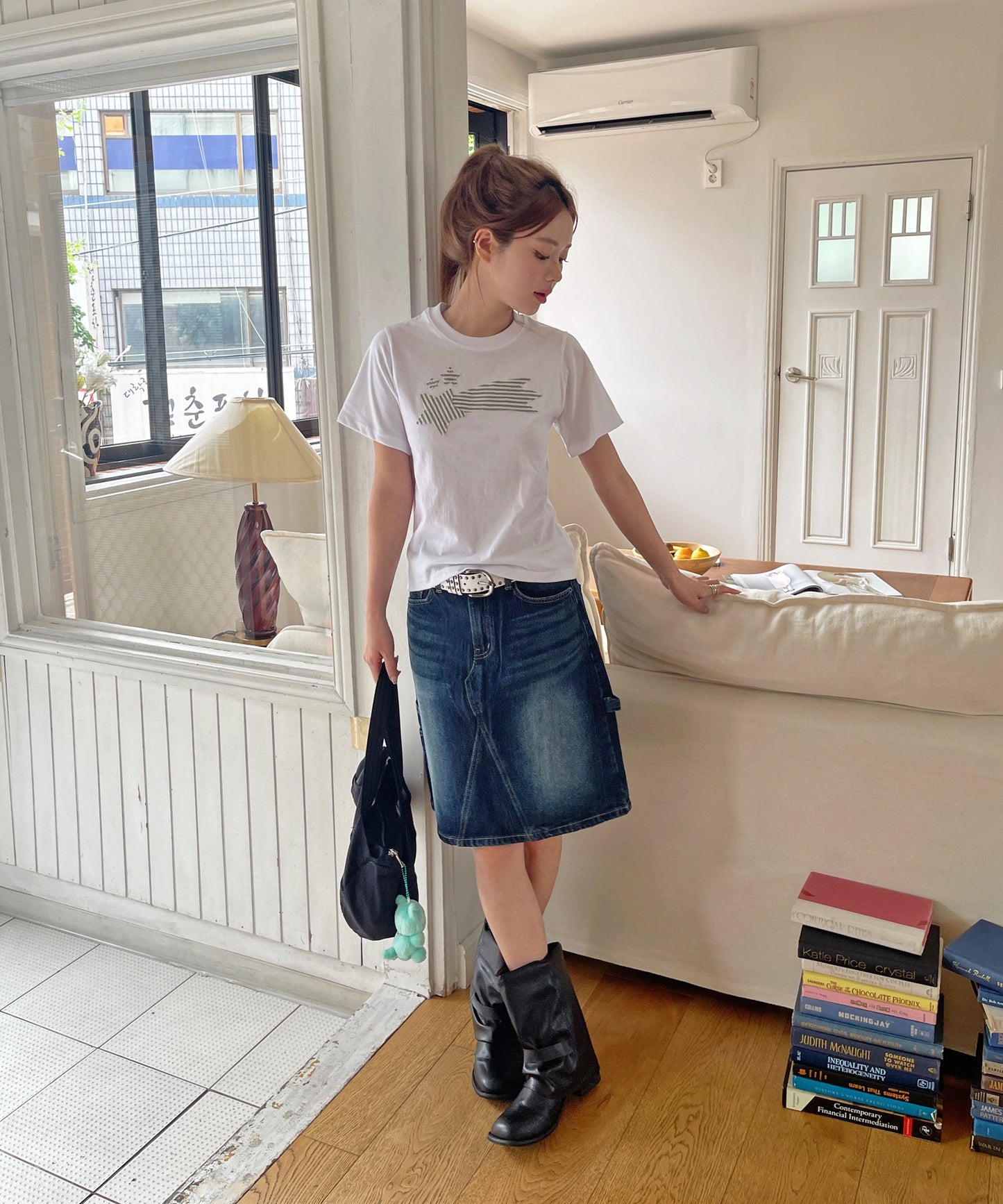 ストライプスターワッペンラウンドネック半袖Tシャツカットソー