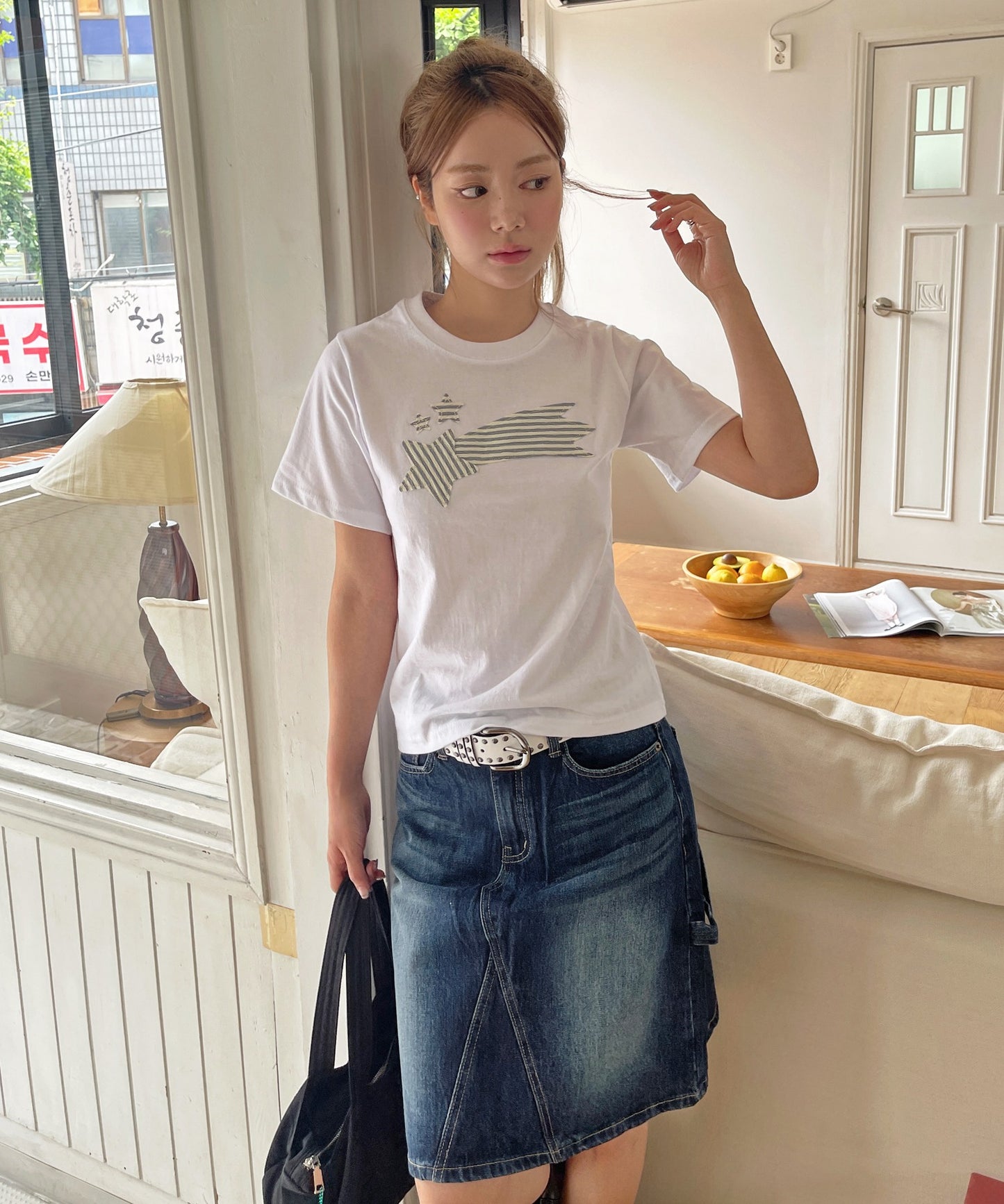 ストライプスターワッペンラウンドネック半袖Tシャツカットソー