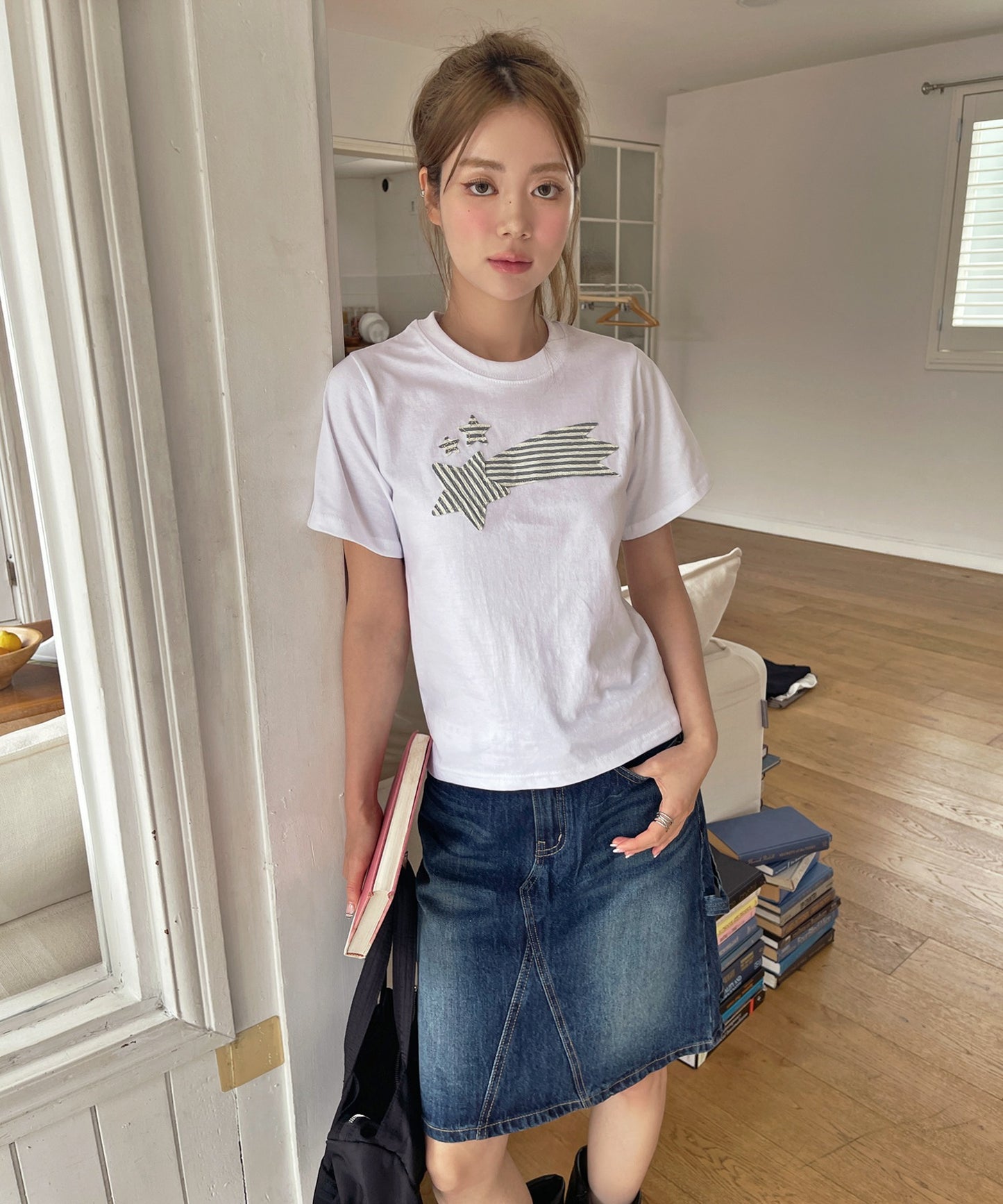 ストライプスターワッペンラウンドネック半袖Tシャツカットソー