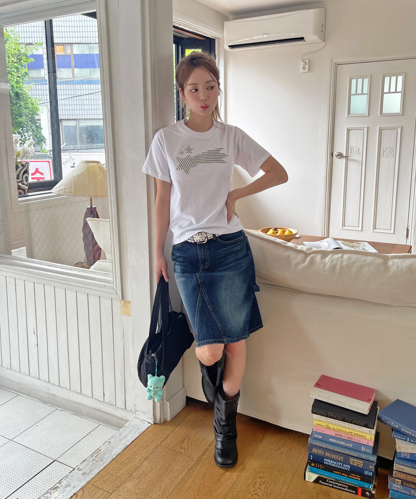 ストライプスターワッペンラウンドネック半袖Tシャツカットソー
