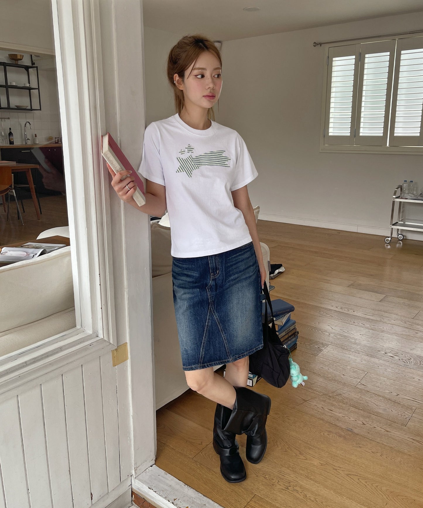 ストライプスターワッペンラウンドネック半袖Tシャツカットソー