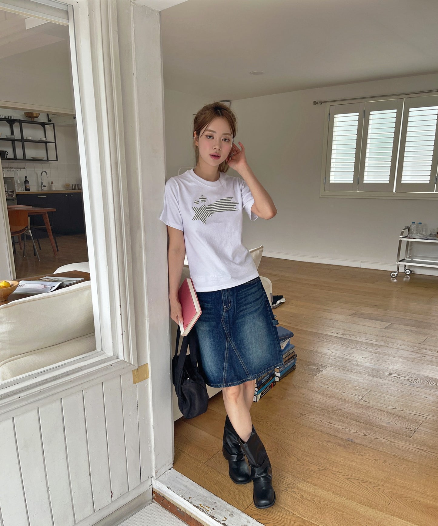 ストライプスターワッペンラウンドネック半袖Tシャツカットソー