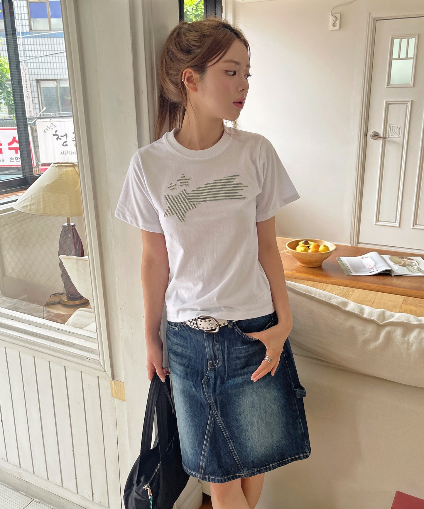 ストライプスターワッペンラウンドネック半袖Tシャツカットソー