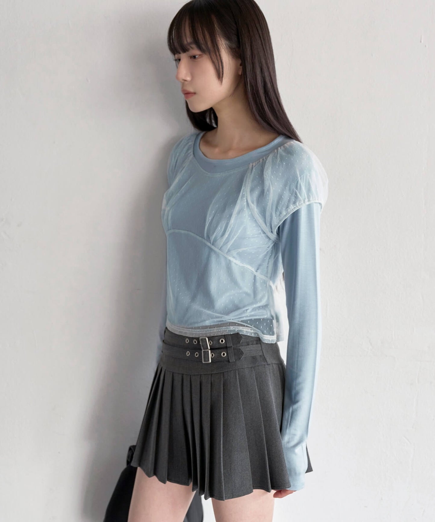 【UNE ORIGINAL】3WAYシースルーレイヤードドットショルダーパフ半袖T＆ラフUネックベーシックカットソーSET