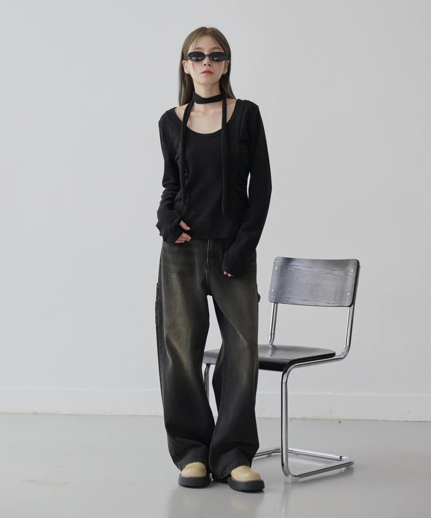 【UNE ORIGINAL】マフラー＆ウォーマースリムサイドシャーリングUネックタオルミックス素材カットソーSET