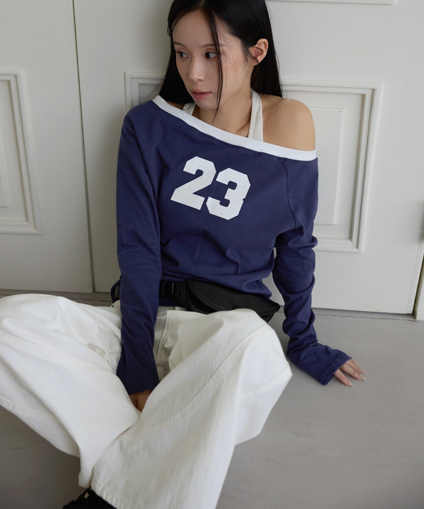 【オフショルダー/ワンショルダー2WAY着用可能】バイカラーナンバリング長袖Tシャツカットソー