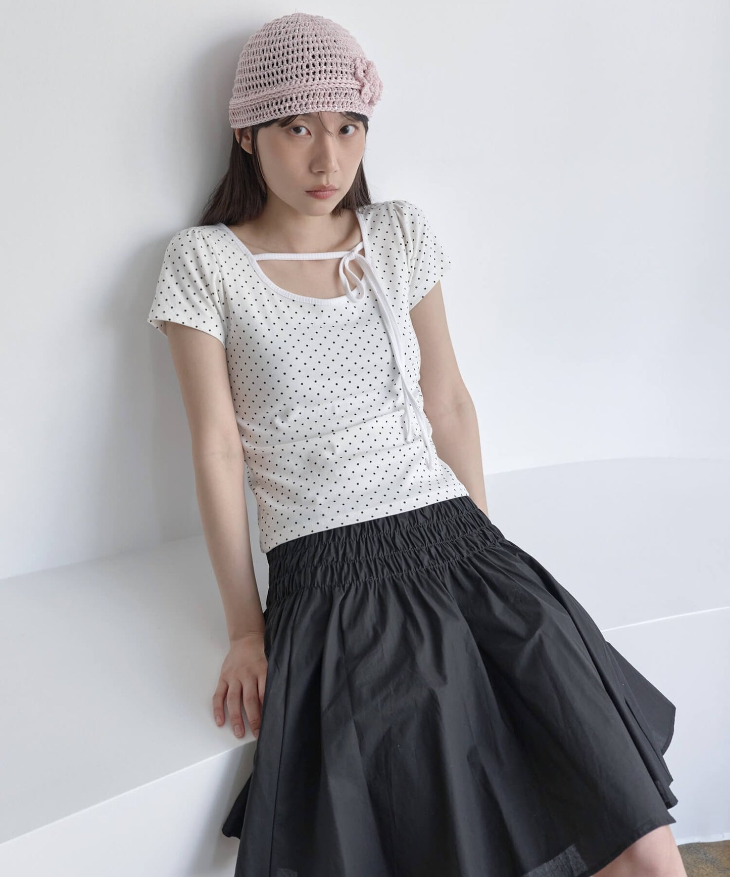 【UNE ORIGINAL】ショルダーパフフロントリボンドットパターンTシャツカットソー