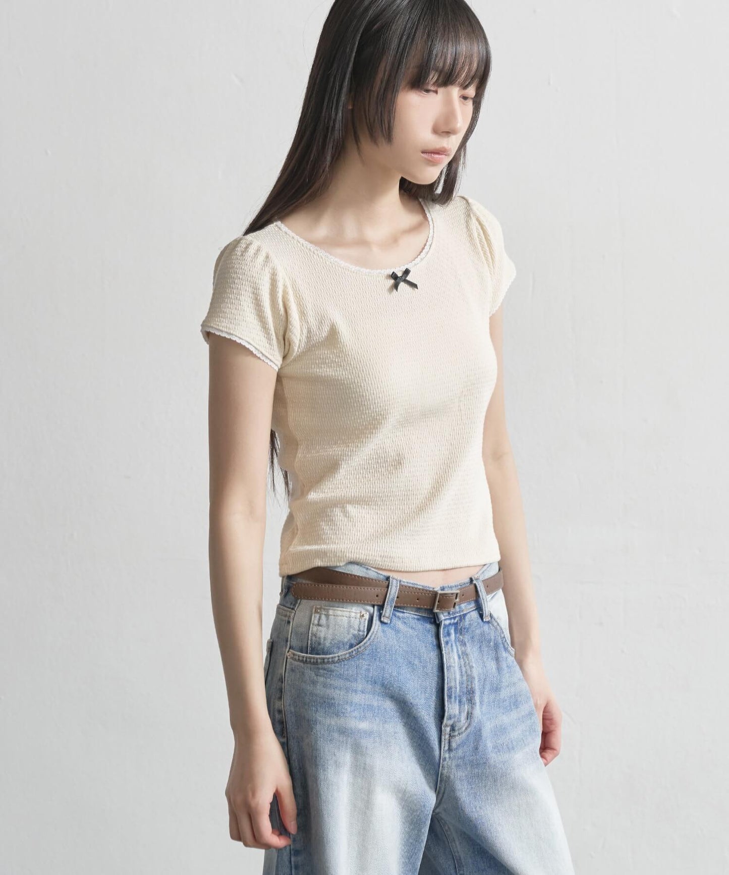【UNE ORIGINAL】 ワッフルリボンレースショルダーパフ半袖Tシャツ