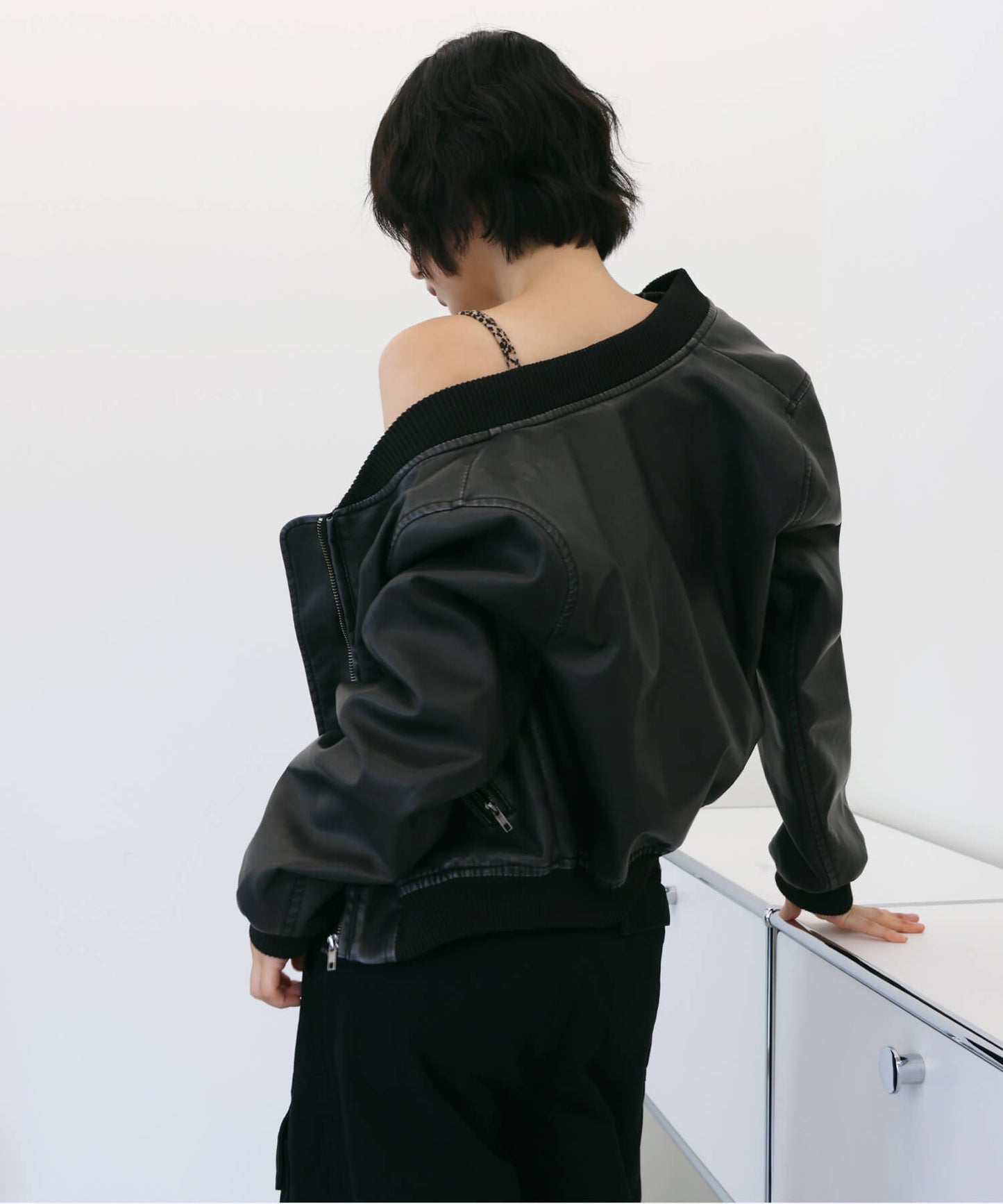 y2kフェイクレザー クロップドウォッシングブルゾンライダージャケット