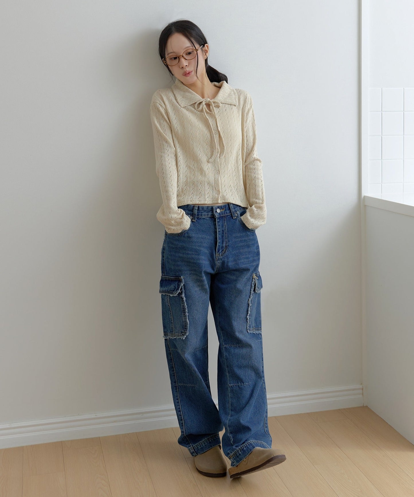 フリンジユニークラインカーゴストレートデニムパンツ