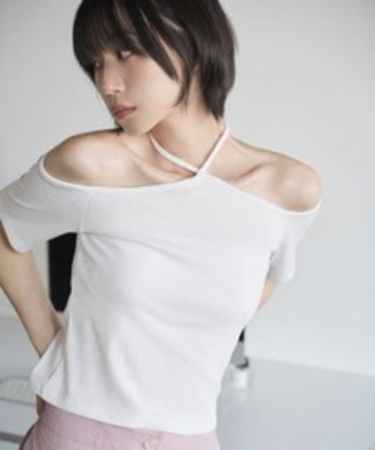 [UNE ORIGINAL]2wayホルターネックストリングリボンバックオープンTシャツカットソー
