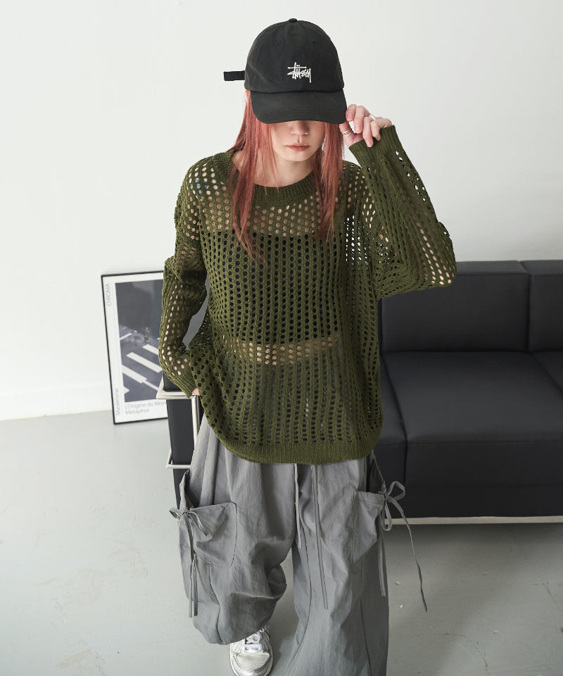 【UNISEX】メンズライクパンチングオーバーサイズメッシュニット